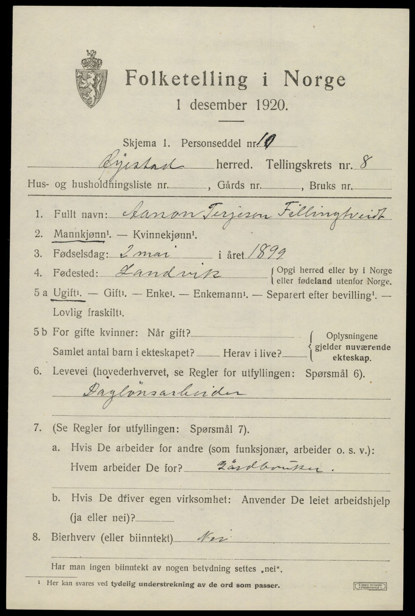 SAK, 1920 census for Øyestad, 1920, p. 5416