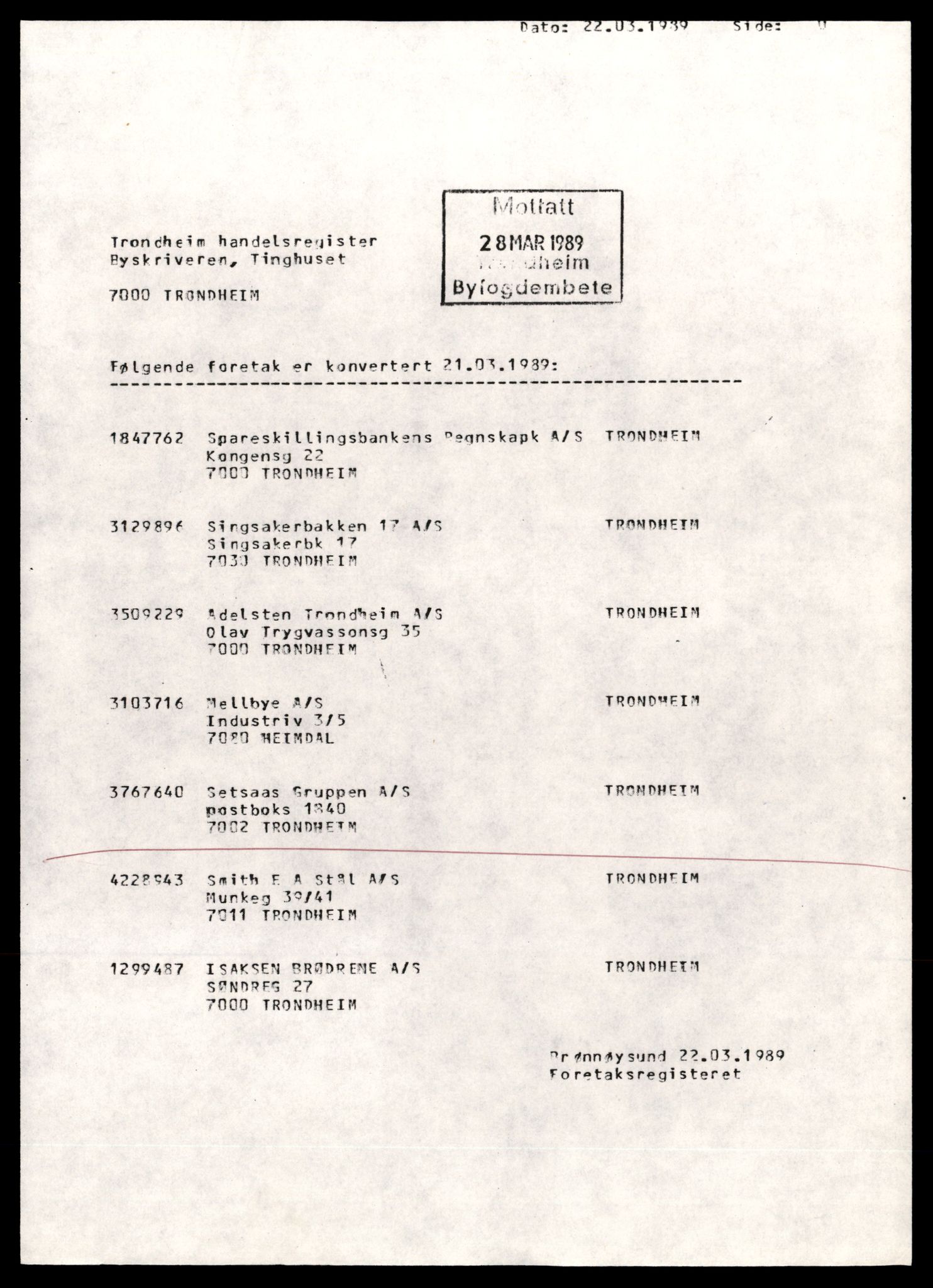 Trondheim byfogd, AV/SAT-A-0003/2/J/Jd/Jdd/L0048: Aksjeselskap, Set-Ska, 1944-1990, p. 1