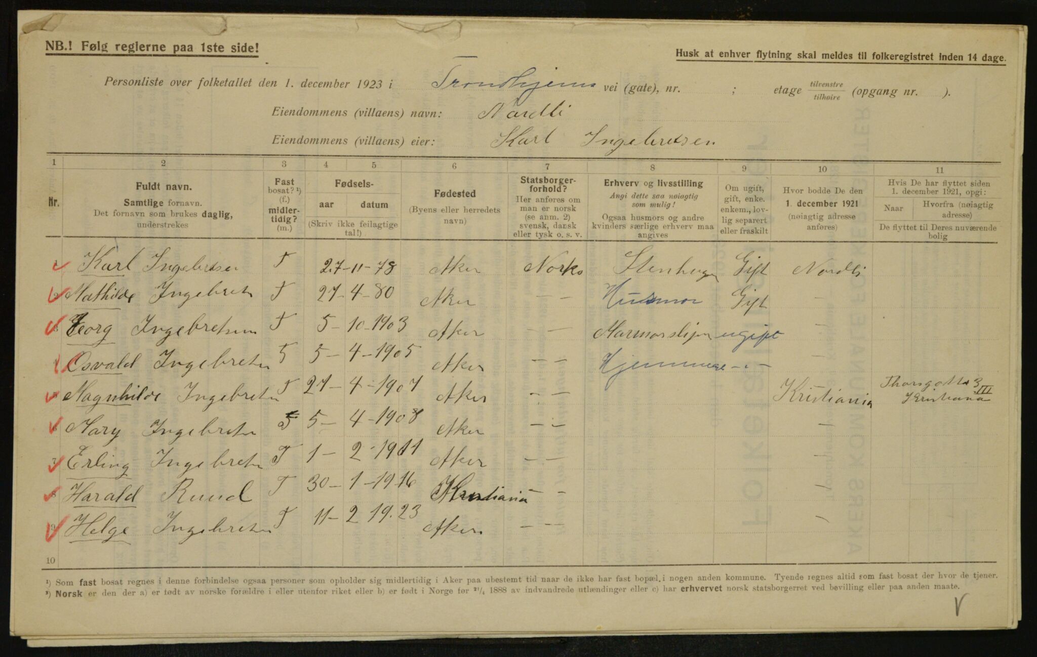 , Municipal Census 1923 for Aker, 1923, p. 33777