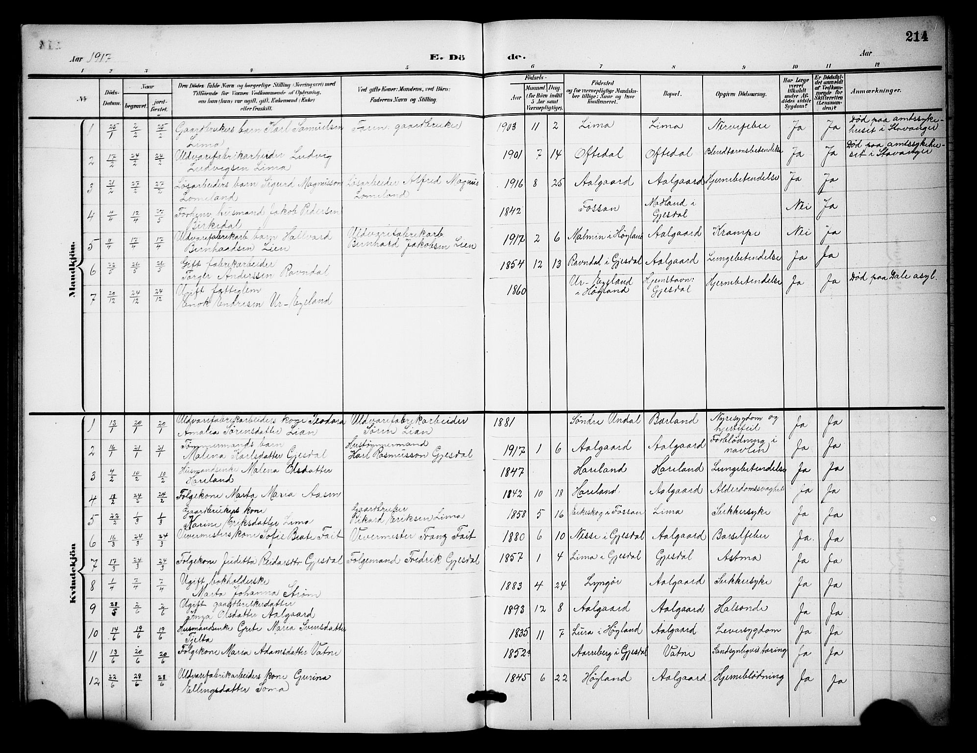 Lye sokneprestkontor, SAST/A-101794/001/30BB/L0009: Parish register (copy) no. B 9, 1902-1923, p. 214