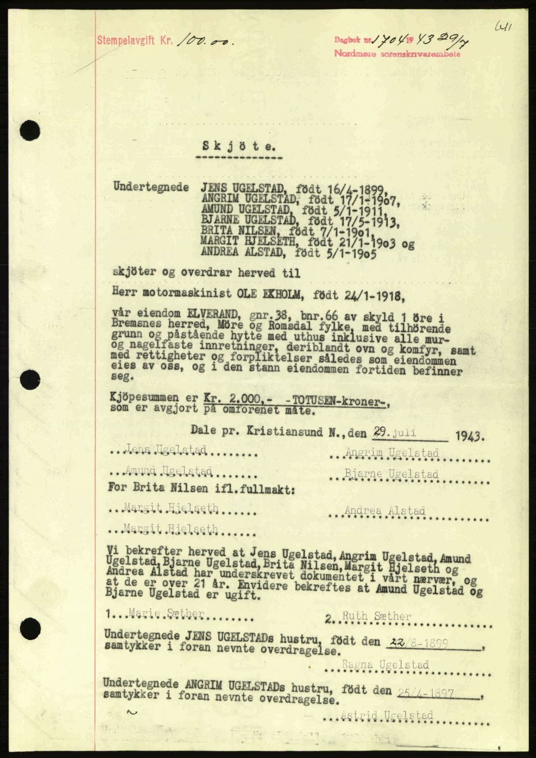 Nordmøre sorenskriveri, AV/SAT-A-4132/1/2/2Ca: Mortgage book no. A95, 1943-1943, Diary no: : 1704/1943