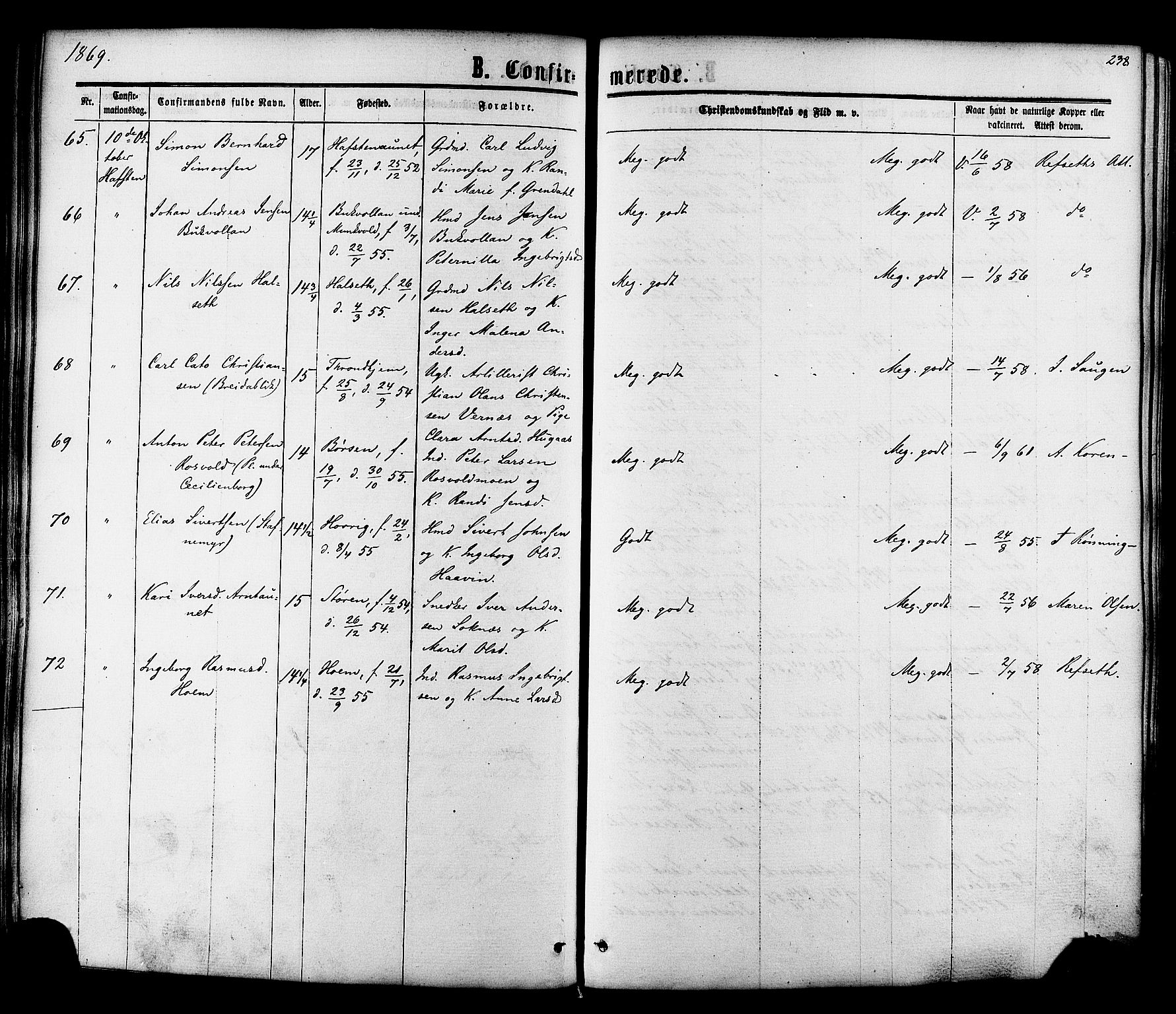 Ministerialprotokoller, klokkerbøker og fødselsregistre - Sør-Trøndelag, SAT/A-1456/606/L0293: Parish register (official) no. 606A08, 1866-1877, p. 238