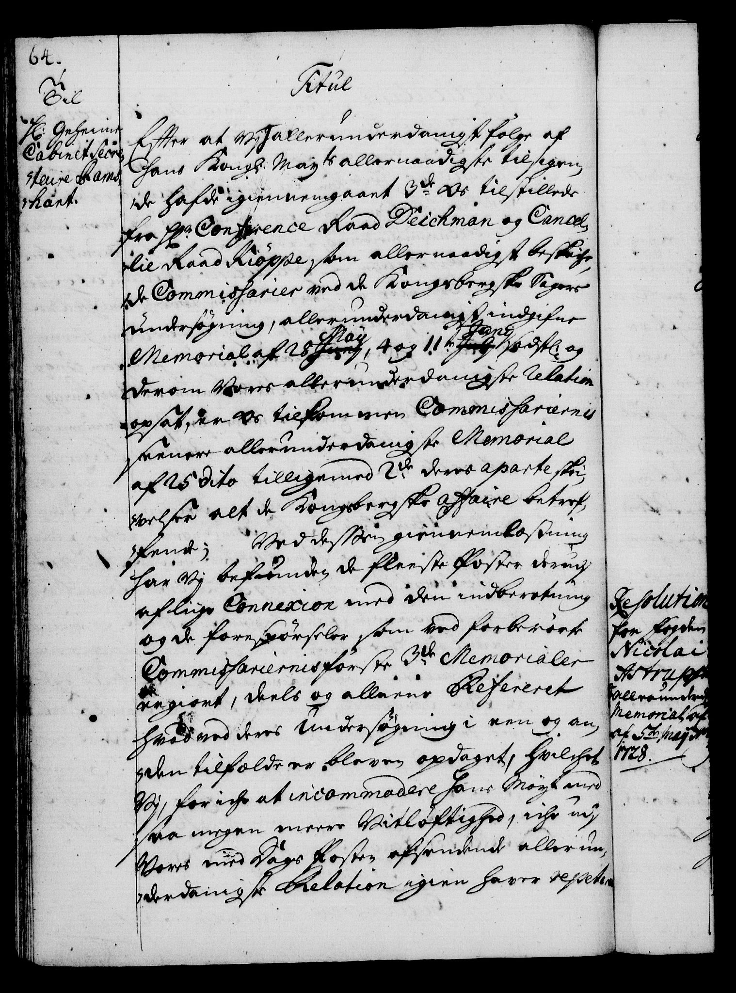 Rentekammeret, Kammerkanselliet, RA/EA-3111/G/Gg/Gga/L0003: Norsk ekspedisjonsprotokoll med register (merket RK 53.3), 1727-1734, p. 64
