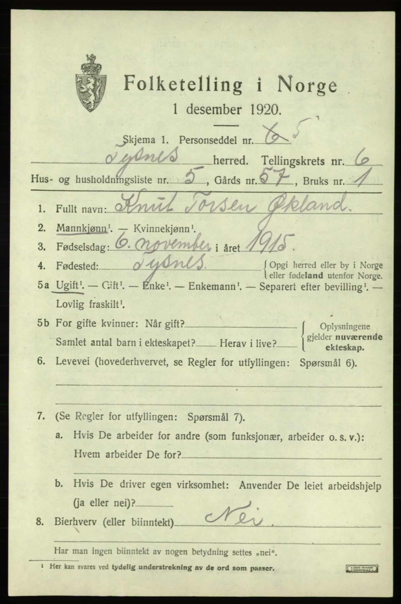 SAB, 1920 census for Tysnes, 1920, p. 4412