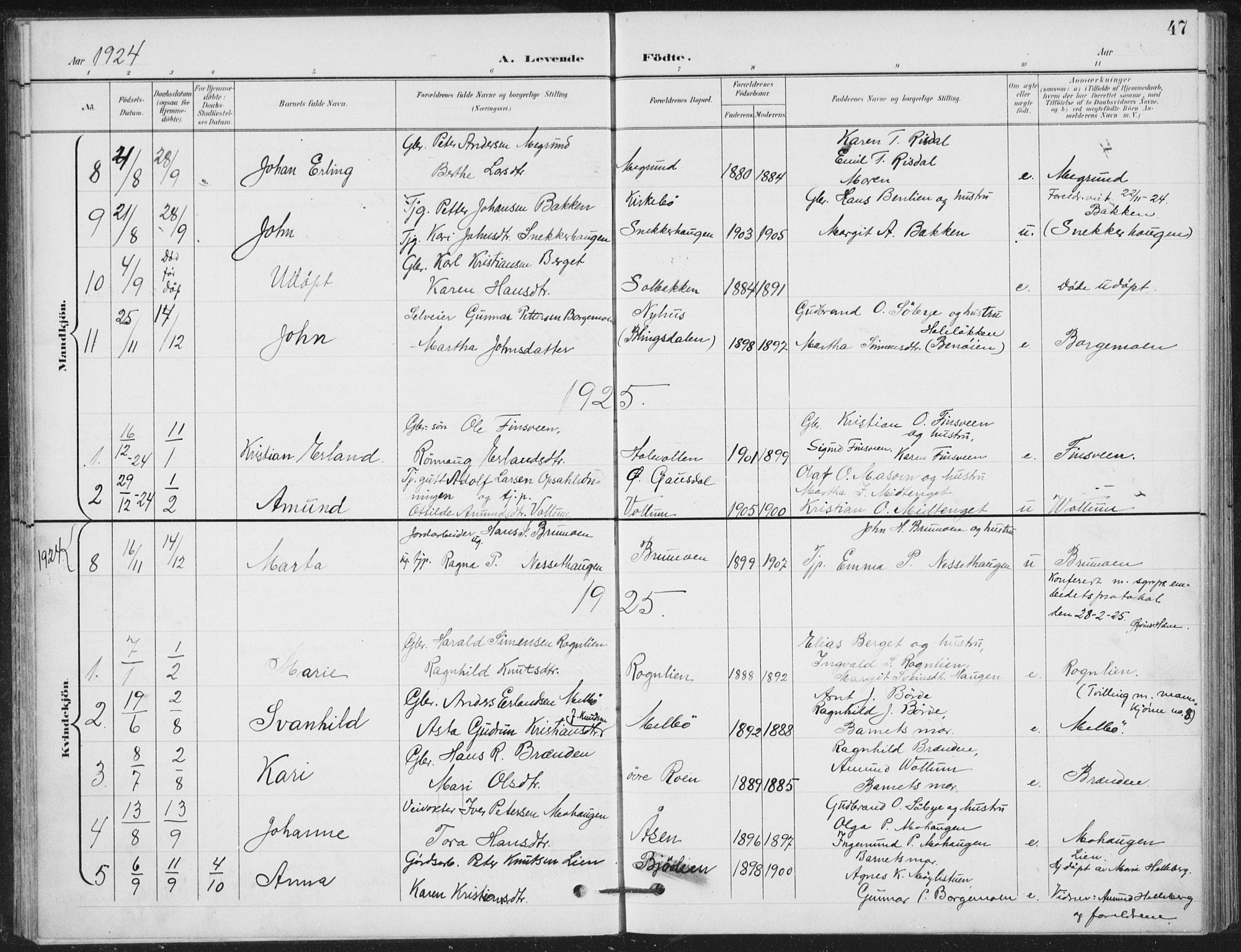 Vestre Gausdal prestekontor, SAH/PREST-094/H/Ha/Hab/L0004: Parish register (copy) no. 4, 1898-1939, p. 47