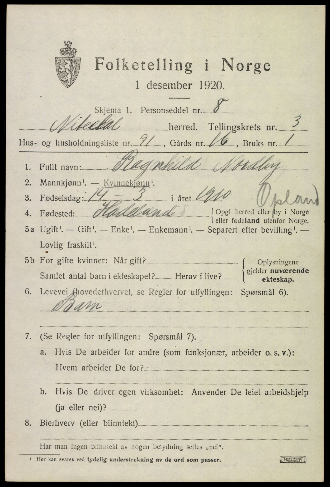 SAO, 1920 census for Nittedal, 1920, p. 4666