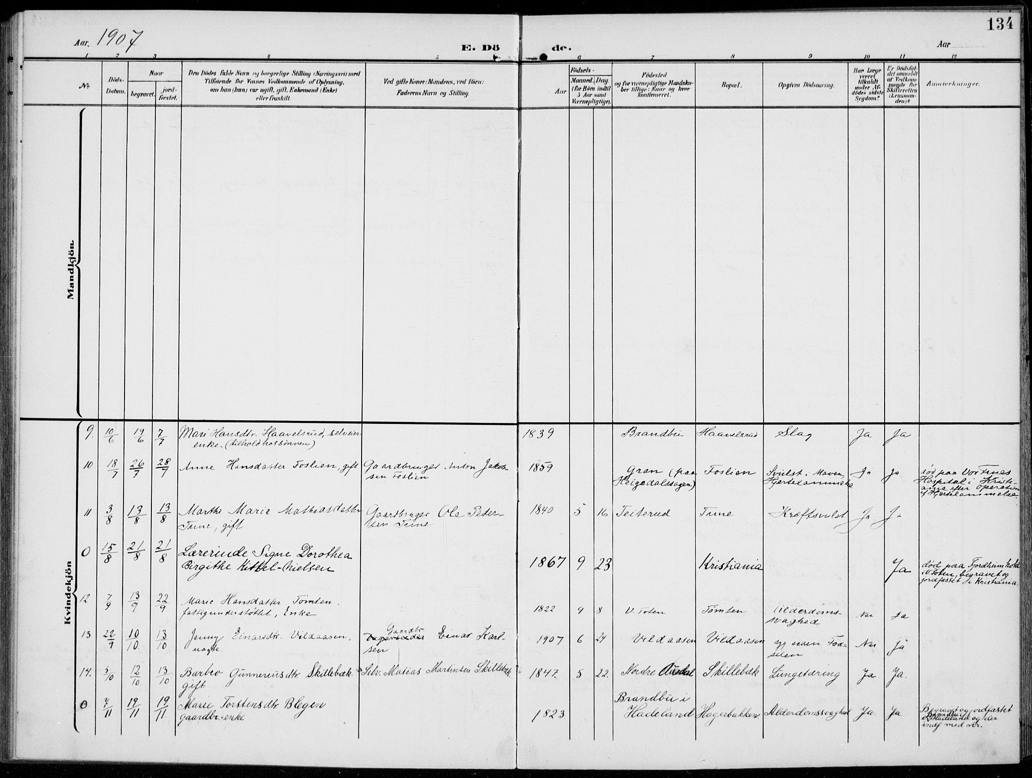 Kolbu prestekontor, SAH/PREST-110/H/Ha/Haa/L0001: Parish register (official) no. 1, 1907-1923, p. 134