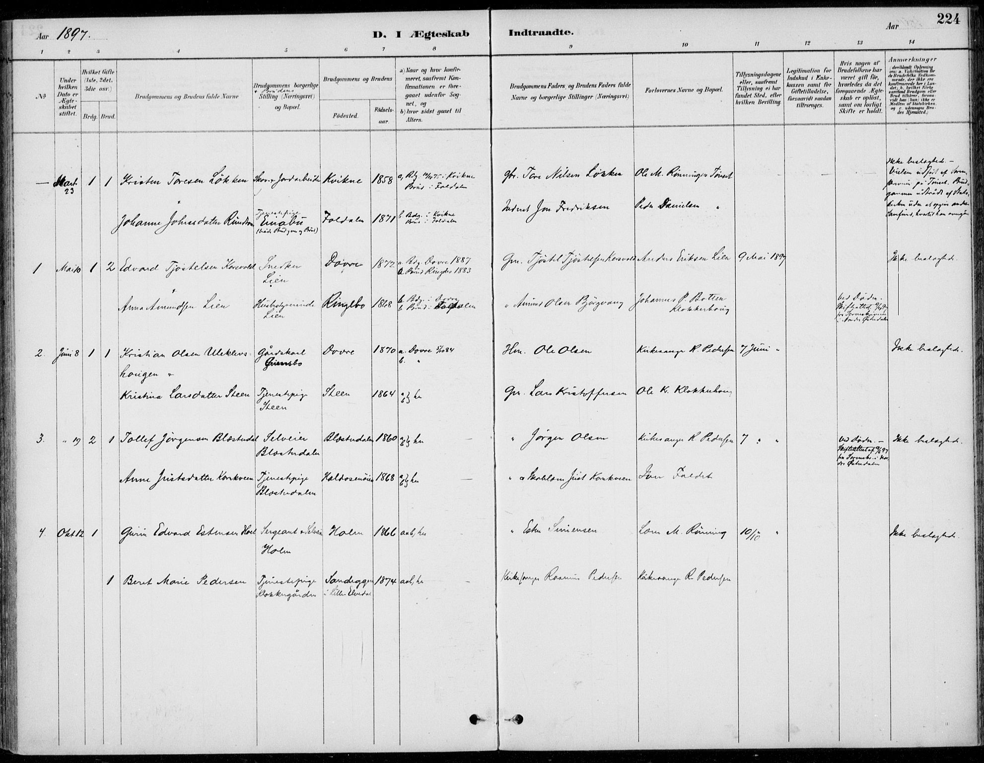 Alvdal prestekontor, SAH/PREST-060/H/Ha/Haa/L0003: Parish register (official) no. 3, 1886-1912, p. 224