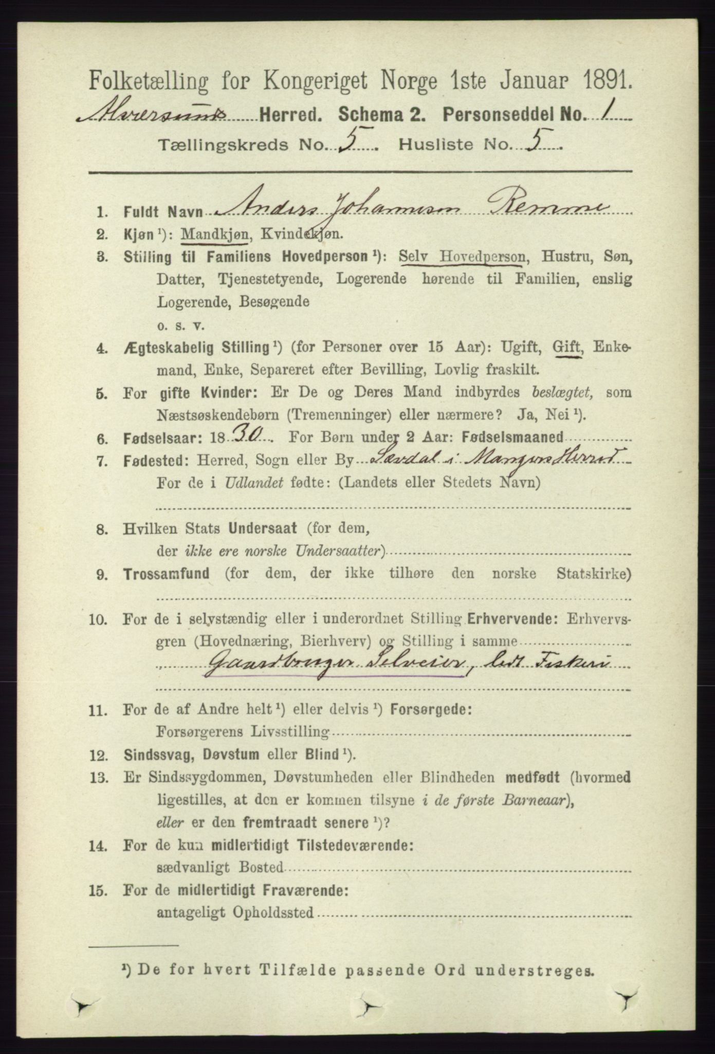 RA, 1891 census for 1257 Alversund, 1891, p. 1814