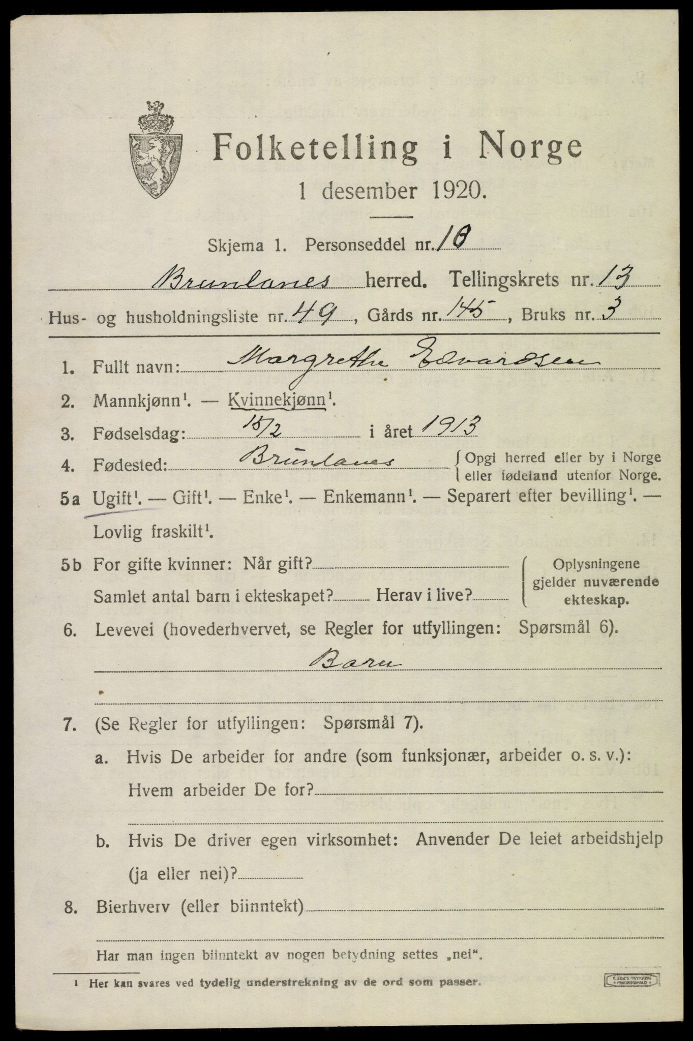 SAKO, 1920 census for Brunlanes, 1920, p. 11337