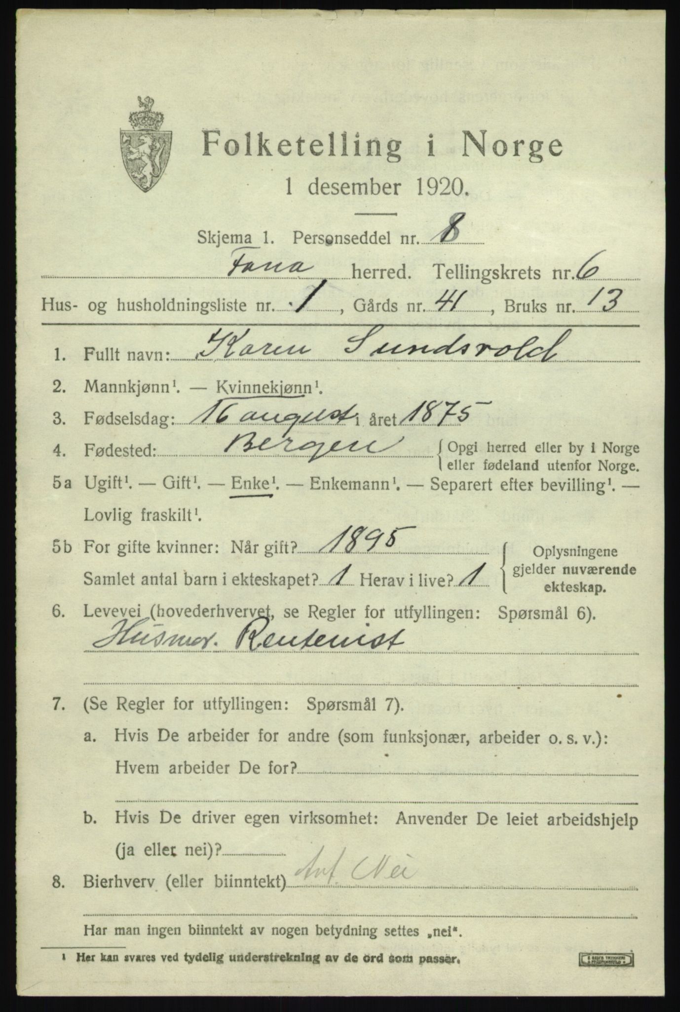 SAB, 1920 census for Fana, 1920, p. 10137