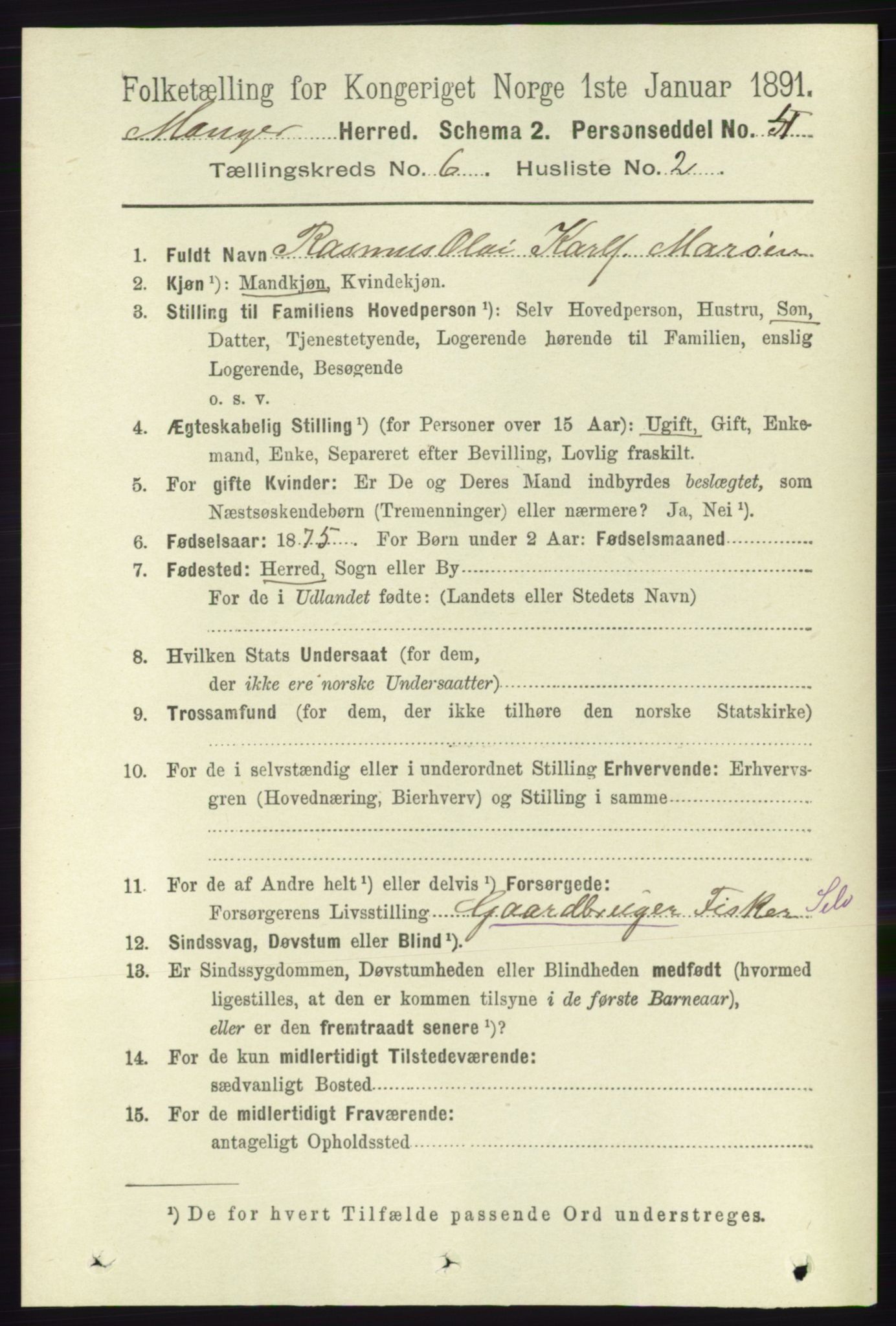 RA, 1891 census for 1261 Manger, 1891, p. 3418