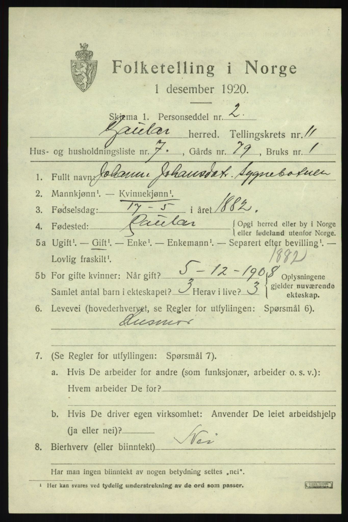 SAB, 1920 census for Gaular, 1920, p. 5212