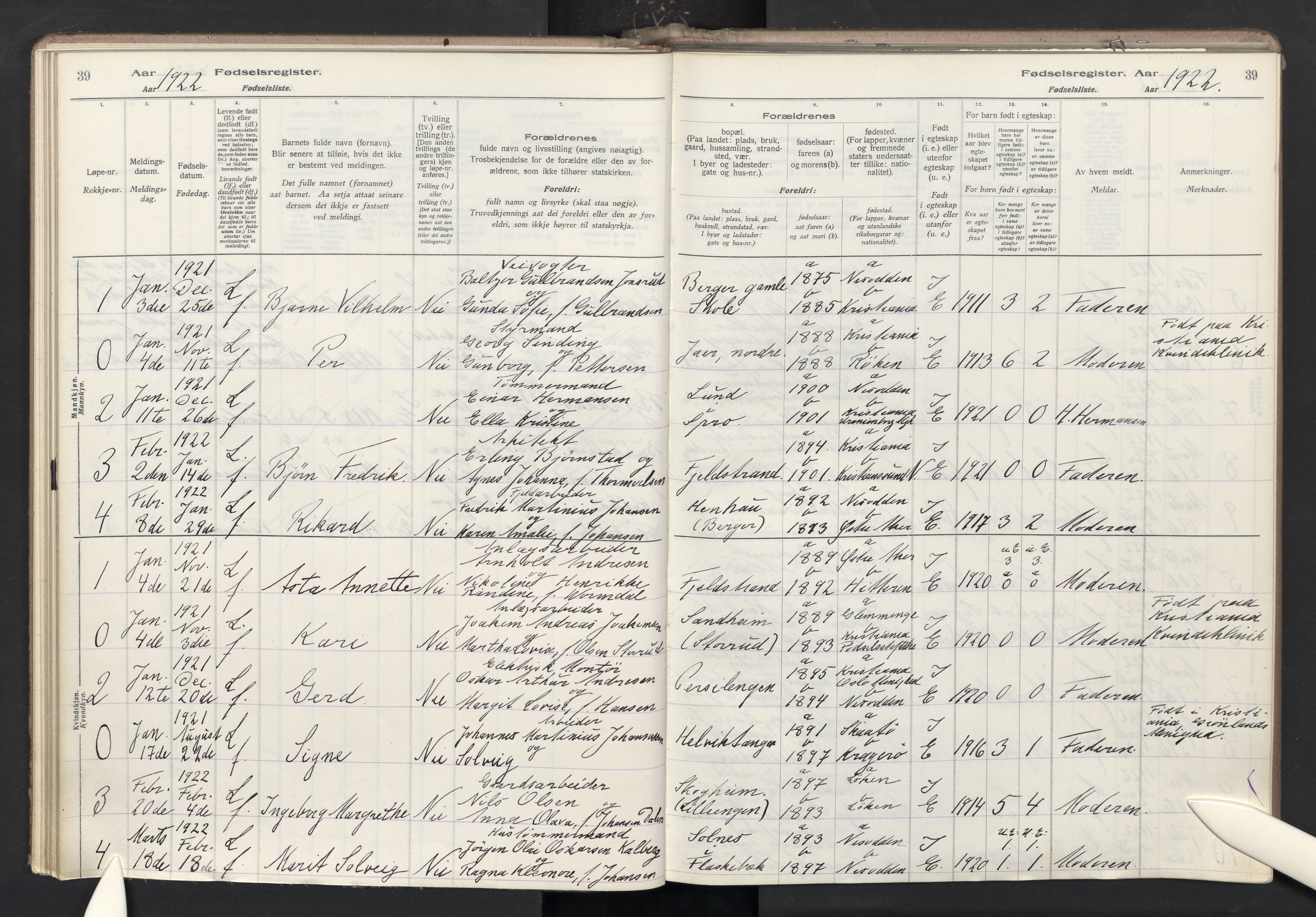 Nesodden prestekontor Kirkebøker, SAO/A-10013/J/Ja/L0001: Birth register no. 1, 1916-1946, p. 39