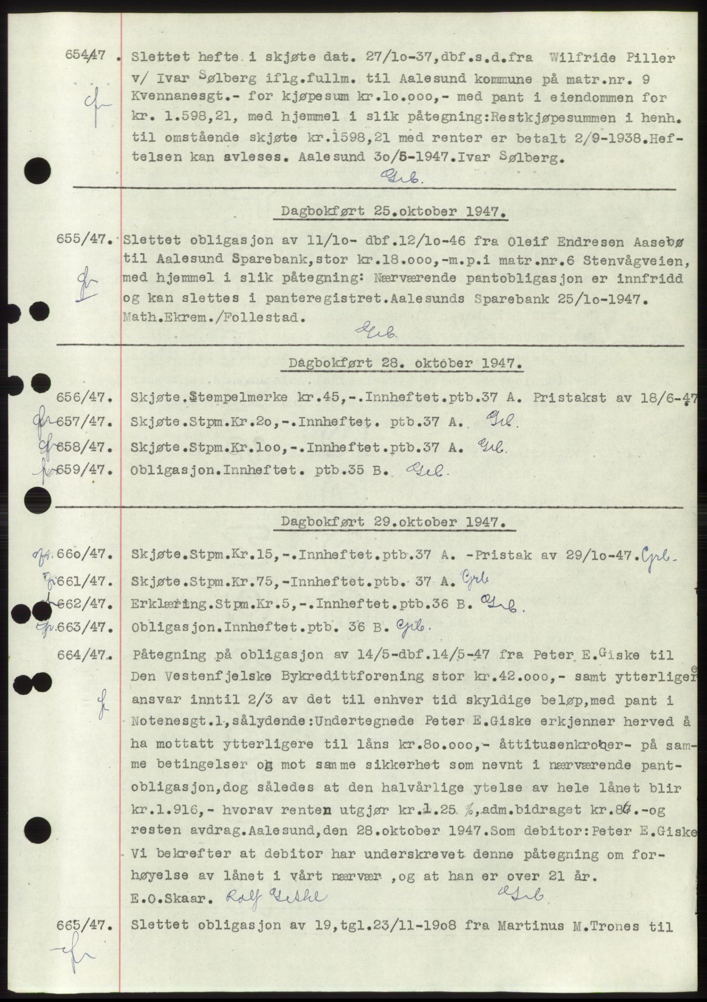 Ålesund byfogd, AV/SAT-A-4384: Mortgage book no. C34-35, 1946-1950, Diary no: : 654/1947