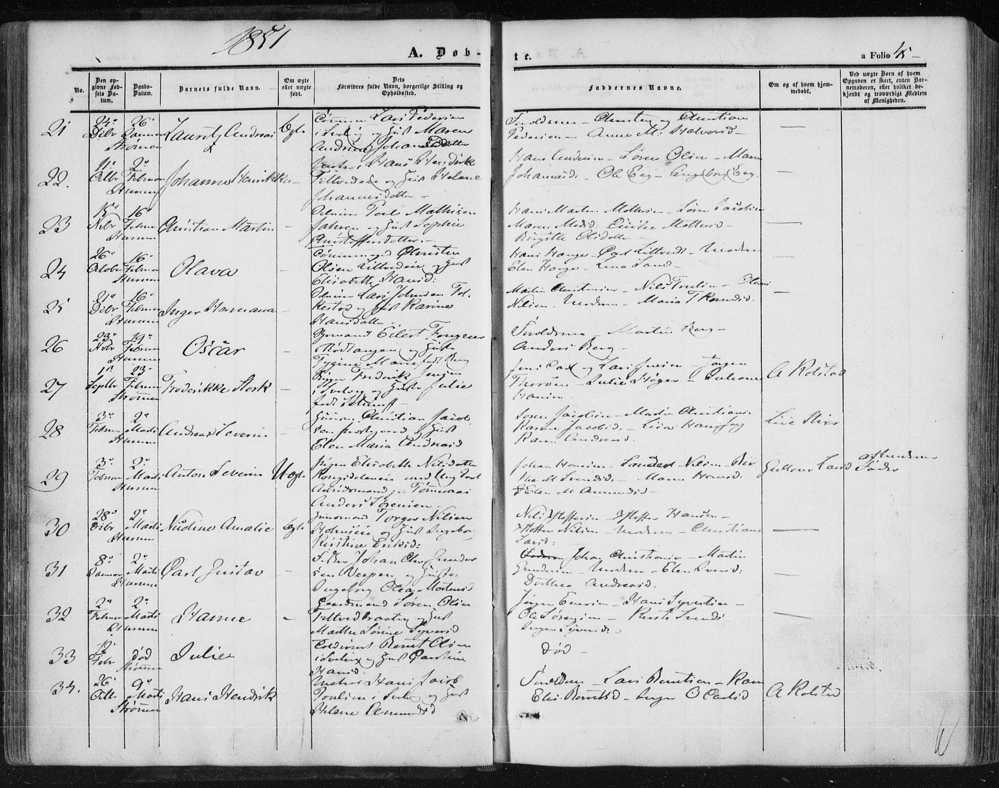 Hurum kirkebøker, SAKO/A-229/F/Fa/L0011: Parish register (official) no. 11, 1847-1860, p. 45