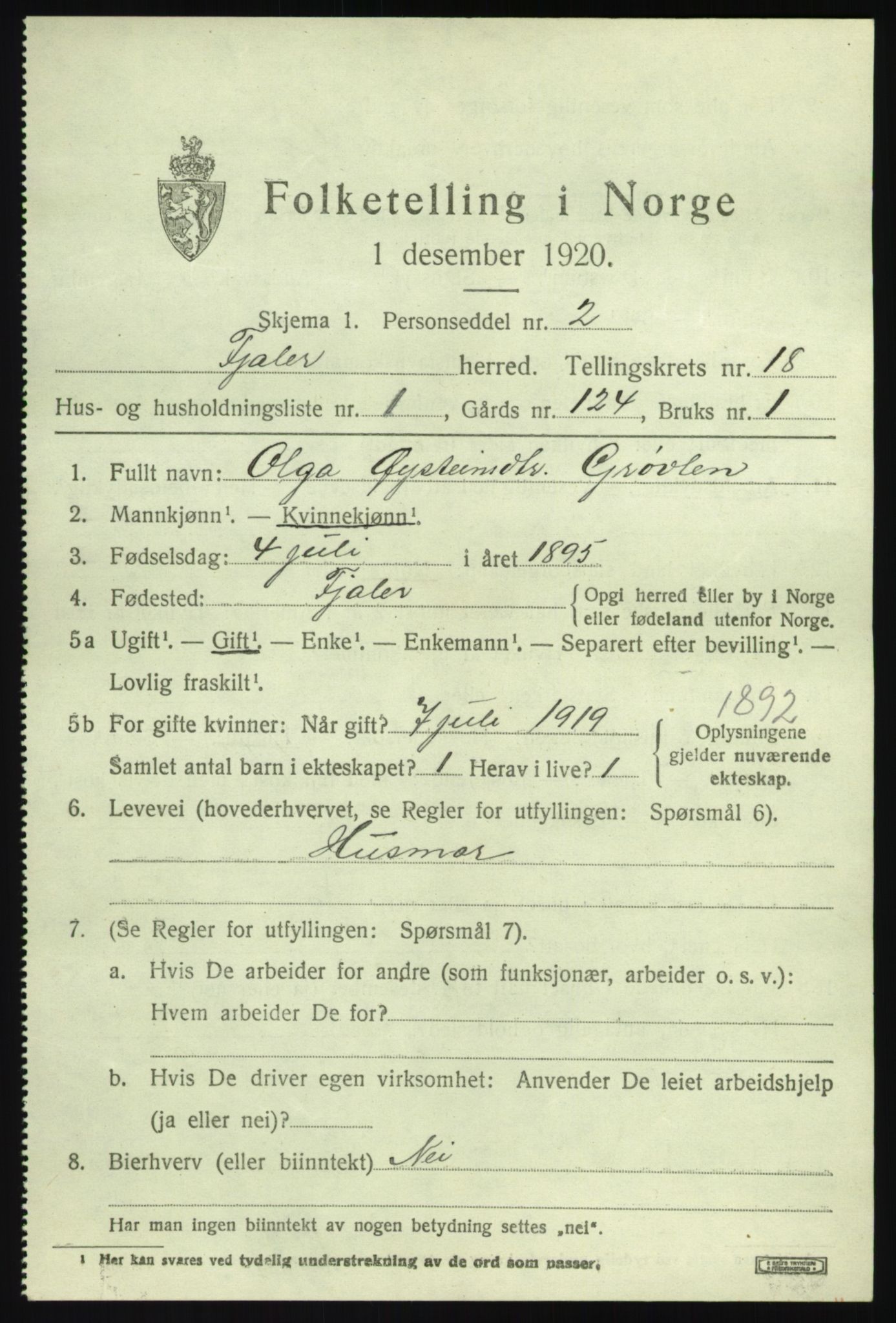 SAB, 1920 census for Fjaler, 1920, p. 8883