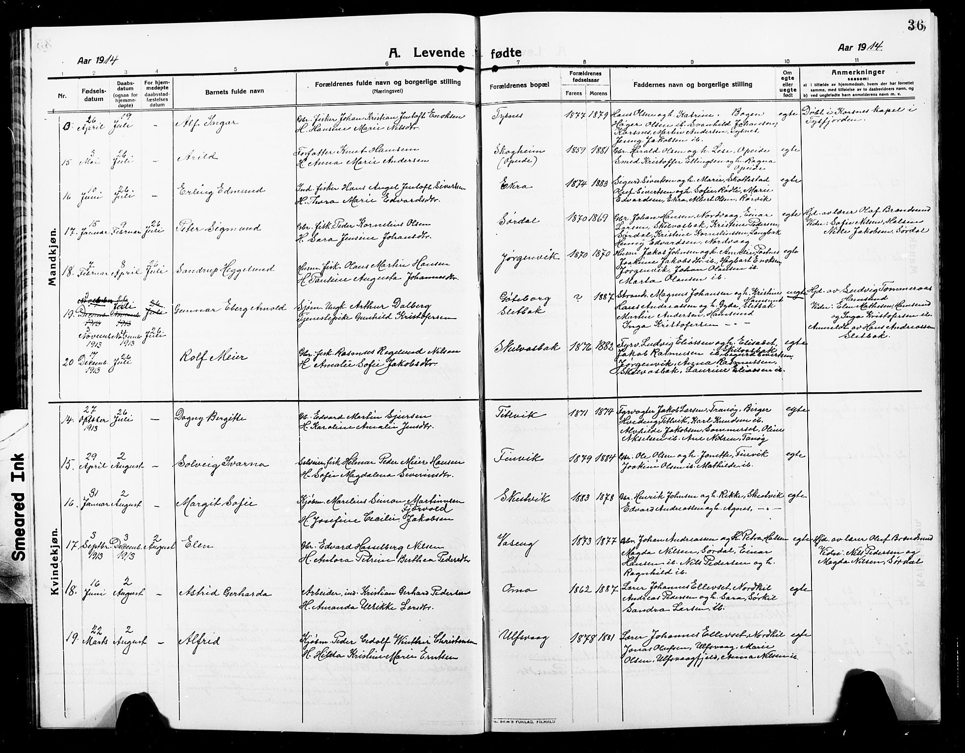 Ministerialprotokoller, klokkerbøker og fødselsregistre - Nordland, AV/SAT-A-1459/859/L0861: Parish register (copy) no. 859C07, 1910-1925, p. 36