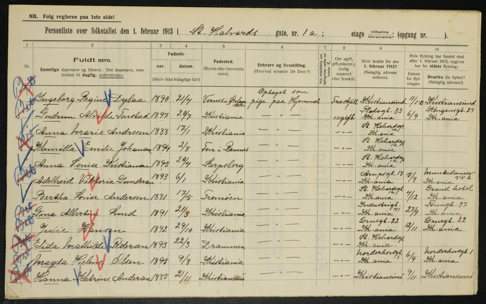 OBA, Municipal Census 1913 for Kristiania, 1913, p. 87411