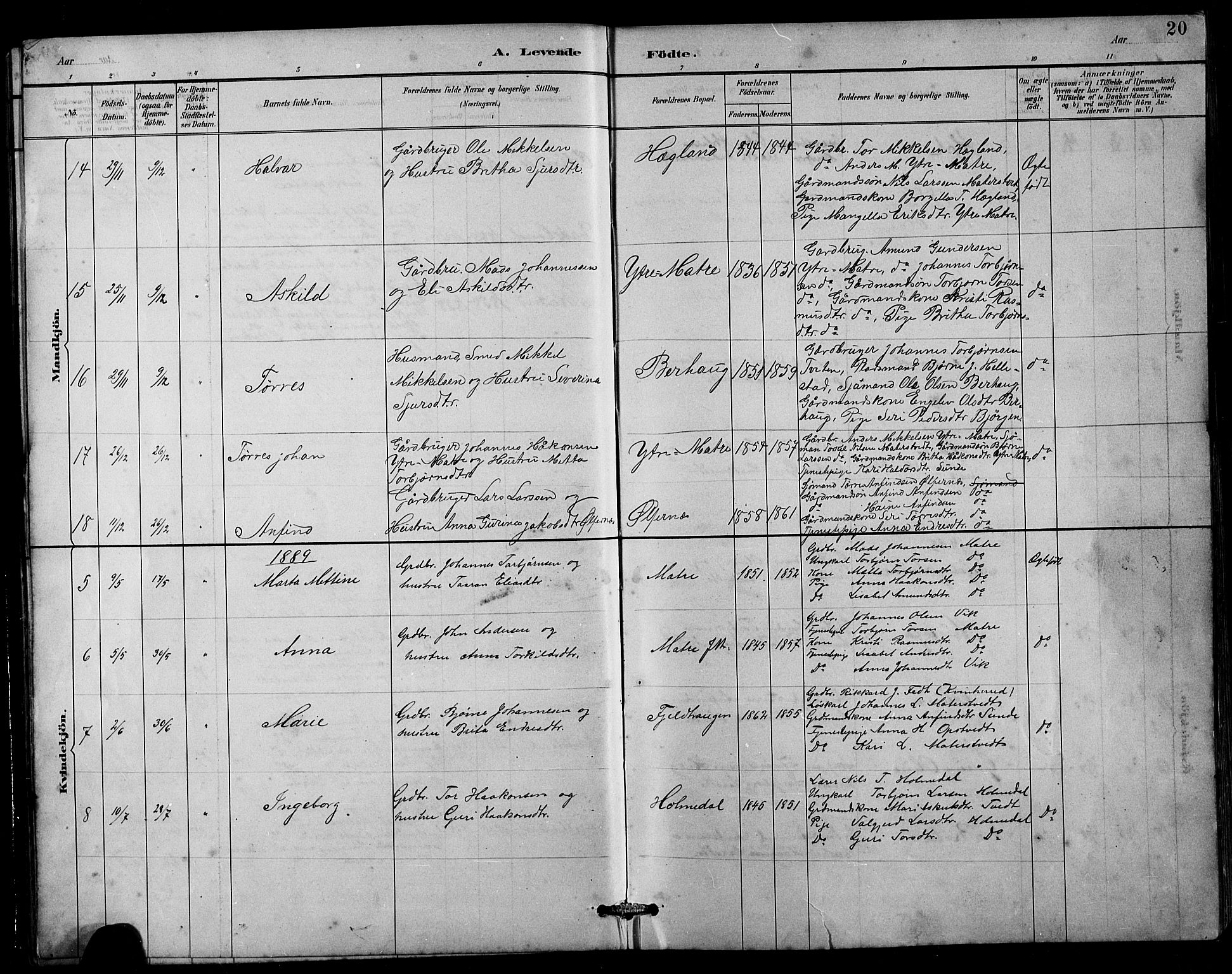 Husnes Sokneprestembete, AV/SAB-A-75901/H/Hab: Parish register (copy) no. B 2, 1884-1914, p. 20