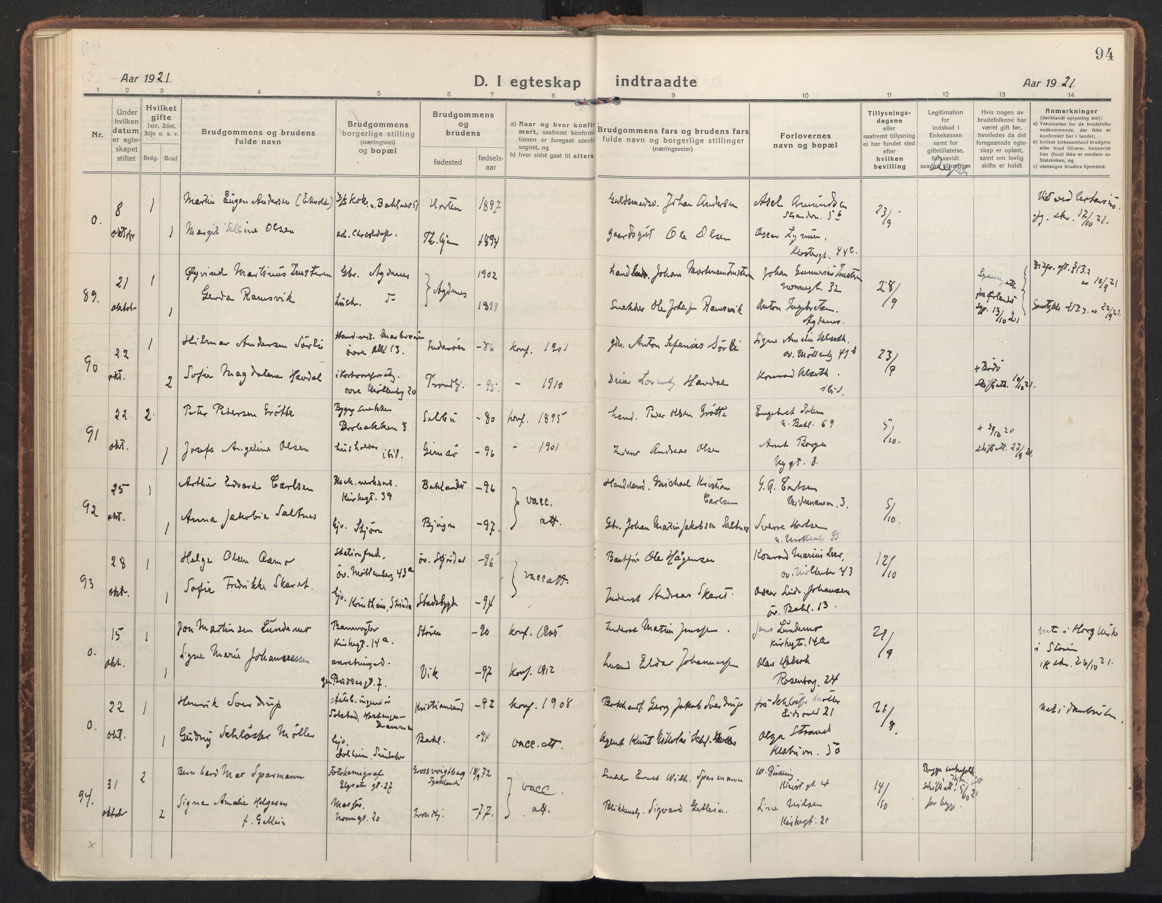 Ministerialprotokoller, klokkerbøker og fødselsregistre - Sør-Trøndelag, AV/SAT-A-1456/604/L0206: Parish register (official) no. 604A26, 1917-1931, p. 94