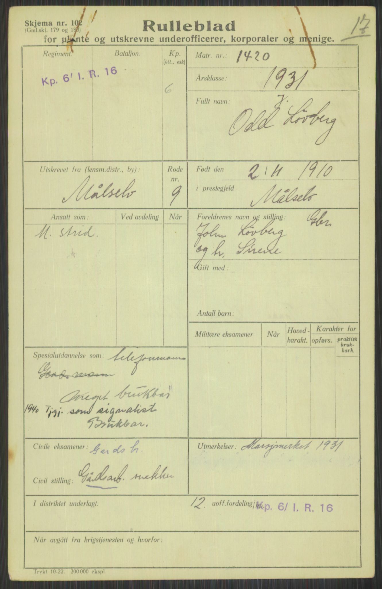 Forsvaret, Troms infanteriregiment nr. 16, AV/RA-RAFA-3146/P/Pa/L0015: Rulleblad for regimentets menige mannskaper, årsklasse 1931, 1931, p. 725