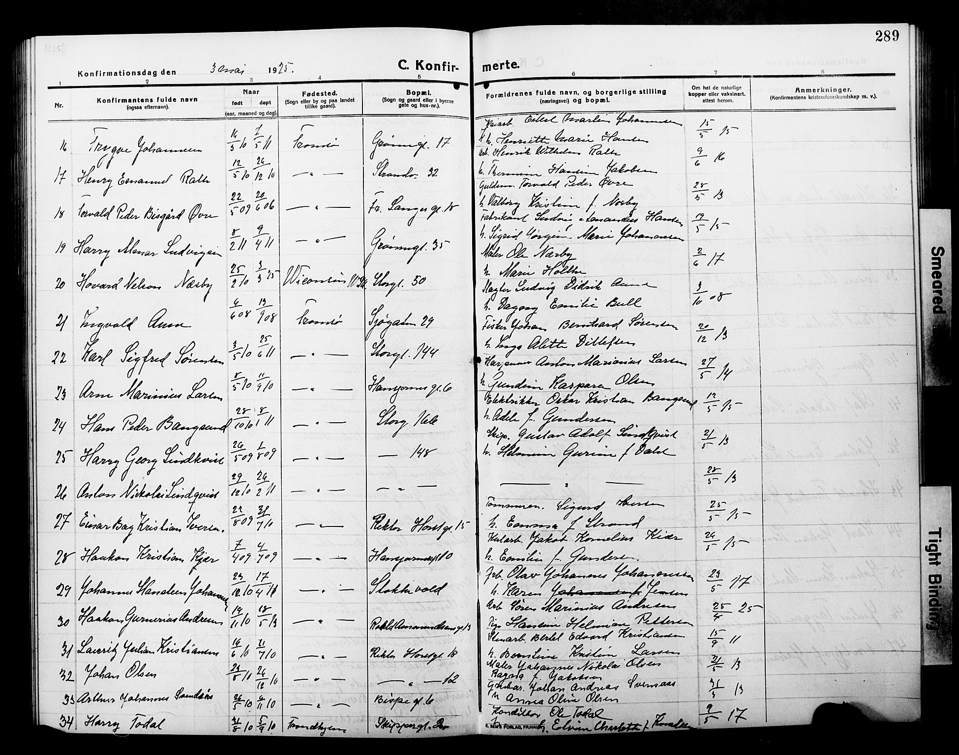 Tromsø sokneprestkontor/stiftsprosti/domprosti, SATØ/S-1343/G/Gb/L0009klokker: Parish register (copy) no. 9, 1915-1925, p. 289