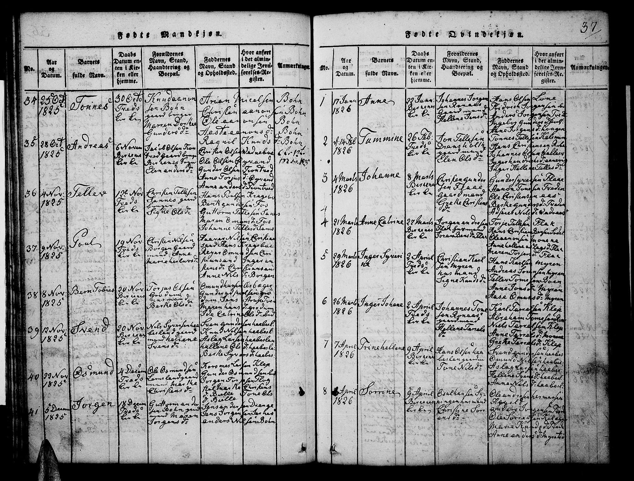 Tveit sokneprestkontor, AV/SAK-1111-0043/F/Fb/L0001: Parish register (copy) no. B 1, 1820-1834, p. 37