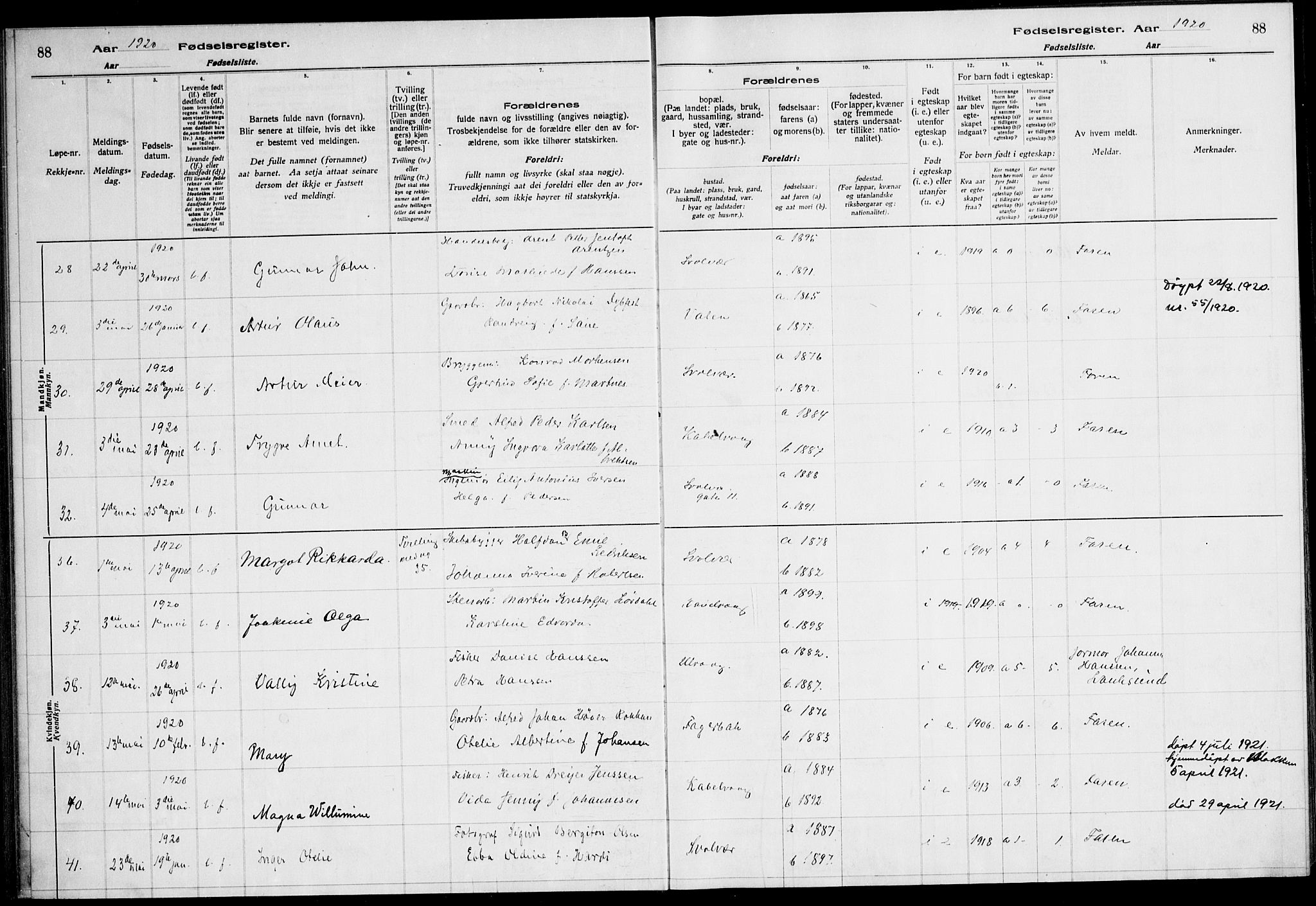 Ministerialprotokoller, klokkerbøker og fødselsregistre - Nordland, AV/SAT-A-1459/874/L1089: Birth register no. 874.II.4.1, 1916-1926, p. 88