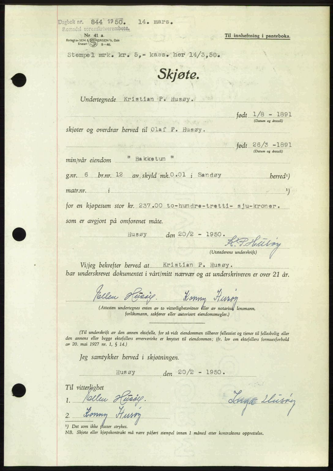 Romsdal sorenskriveri, AV/SAT-A-4149/1/2/2C: Mortgage book no. A32, 1950-1950, Diary no: : 844/1950