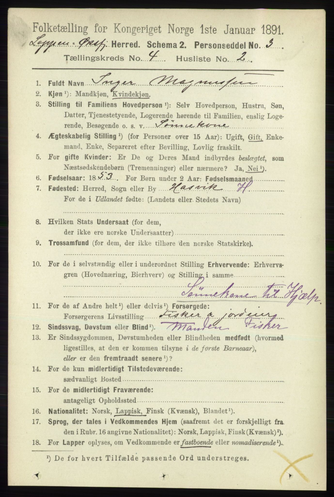 RA, 1891 census for 2014 Loppa, 1891, p. 872