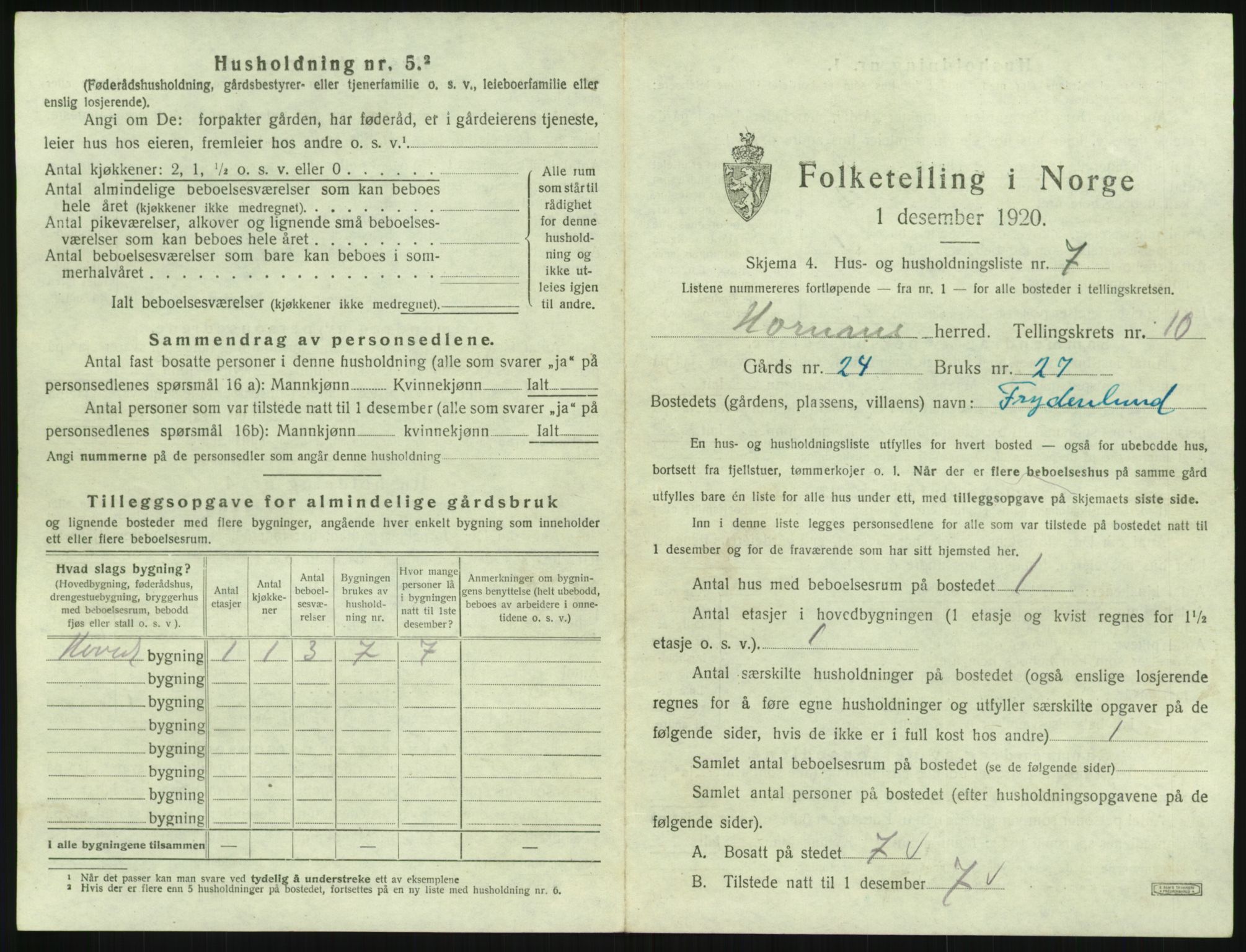 SAK, 1920 census for Hornnes, 1920, p. 419