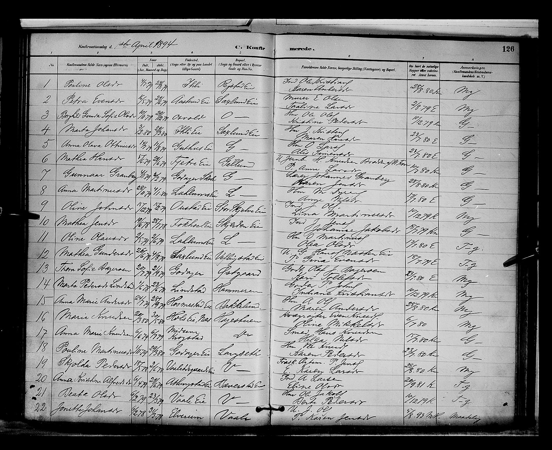 Stange prestekontor, AV/SAH-PREST-002/L/L0009: Parish register (copy) no. 9, 1883-1899, p. 126