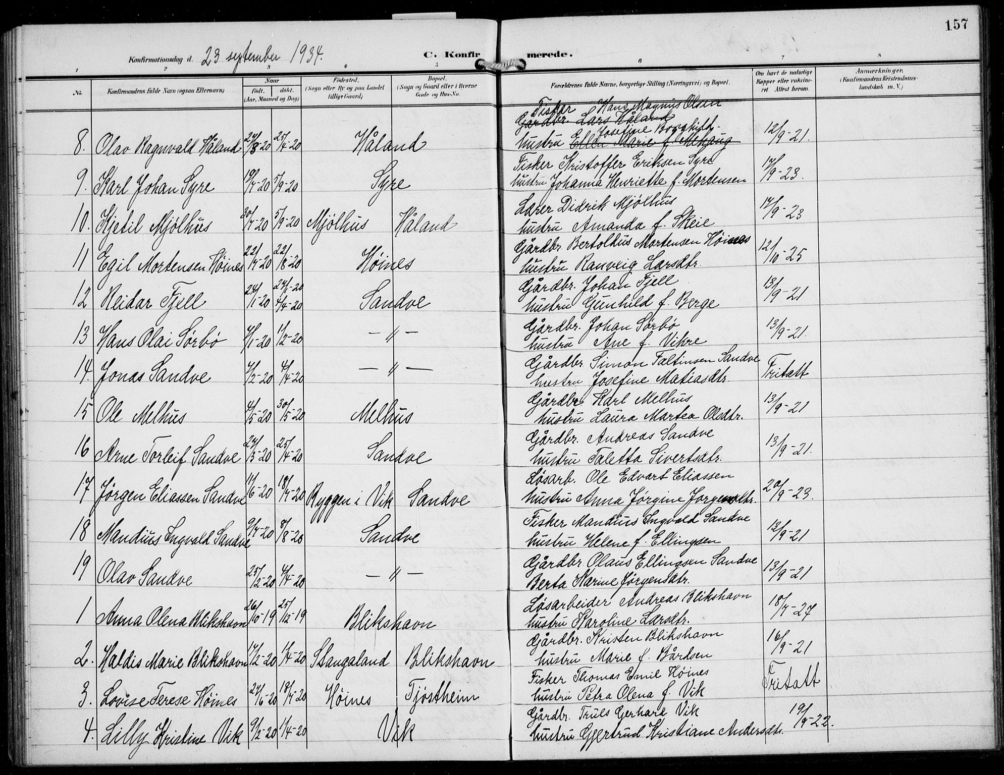 Skudenes sokneprestkontor, SAST/A -101849/H/Ha/Hab/L0009: Parish register (copy) no. B 9, 1908-1936, p. 157
