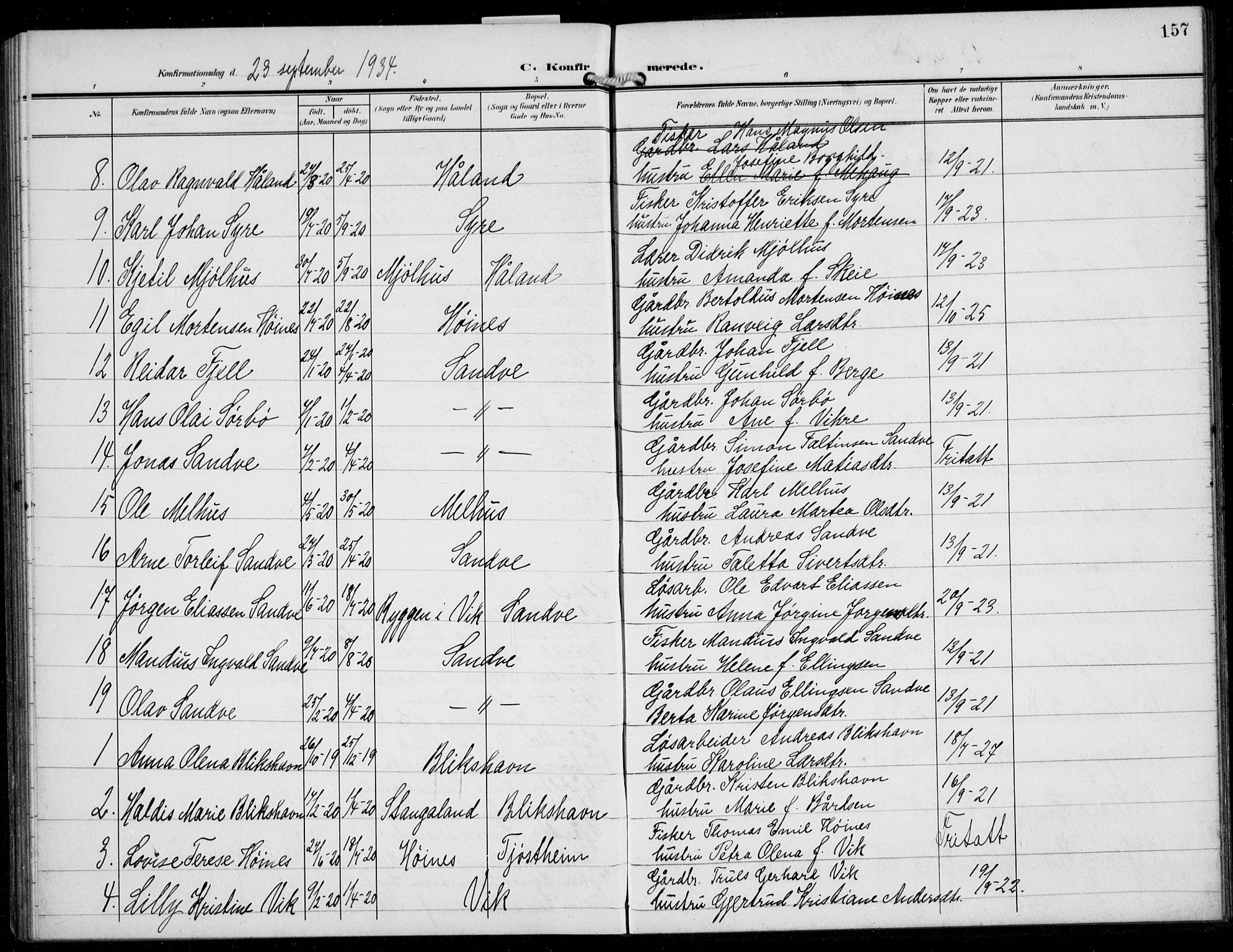 Skudenes sokneprestkontor, AV/SAST-A -101849/H/Ha/Hab/L0009: Parish register (copy) no. B 9, 1908-1936, p. 157