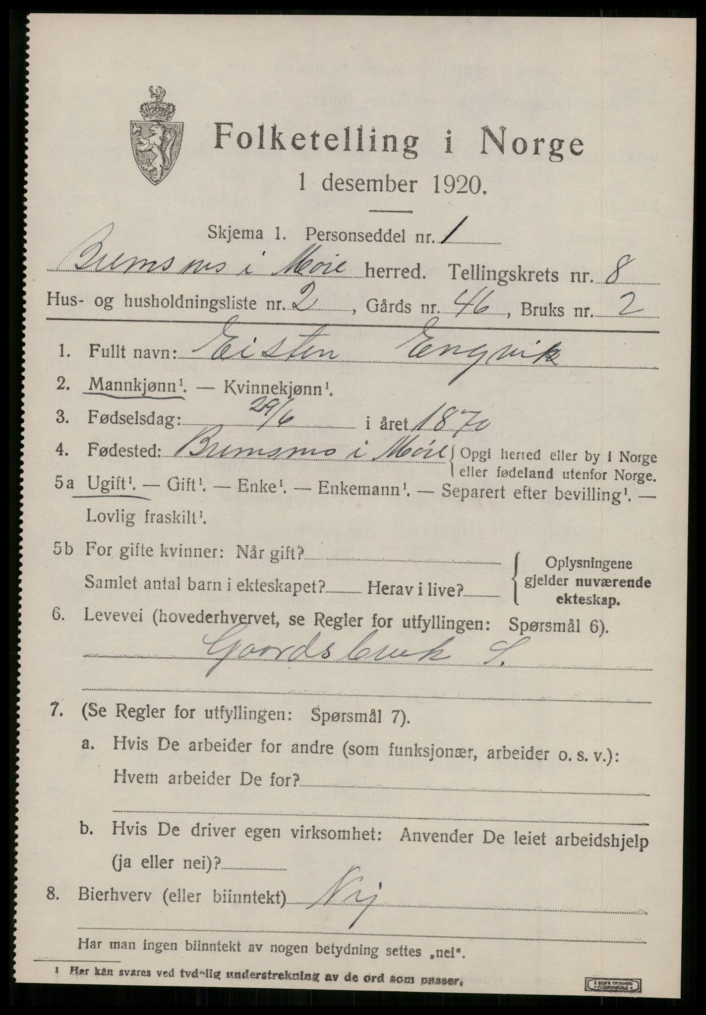 SAT, 1920 census for Bremsnes, 1920, p. 6749