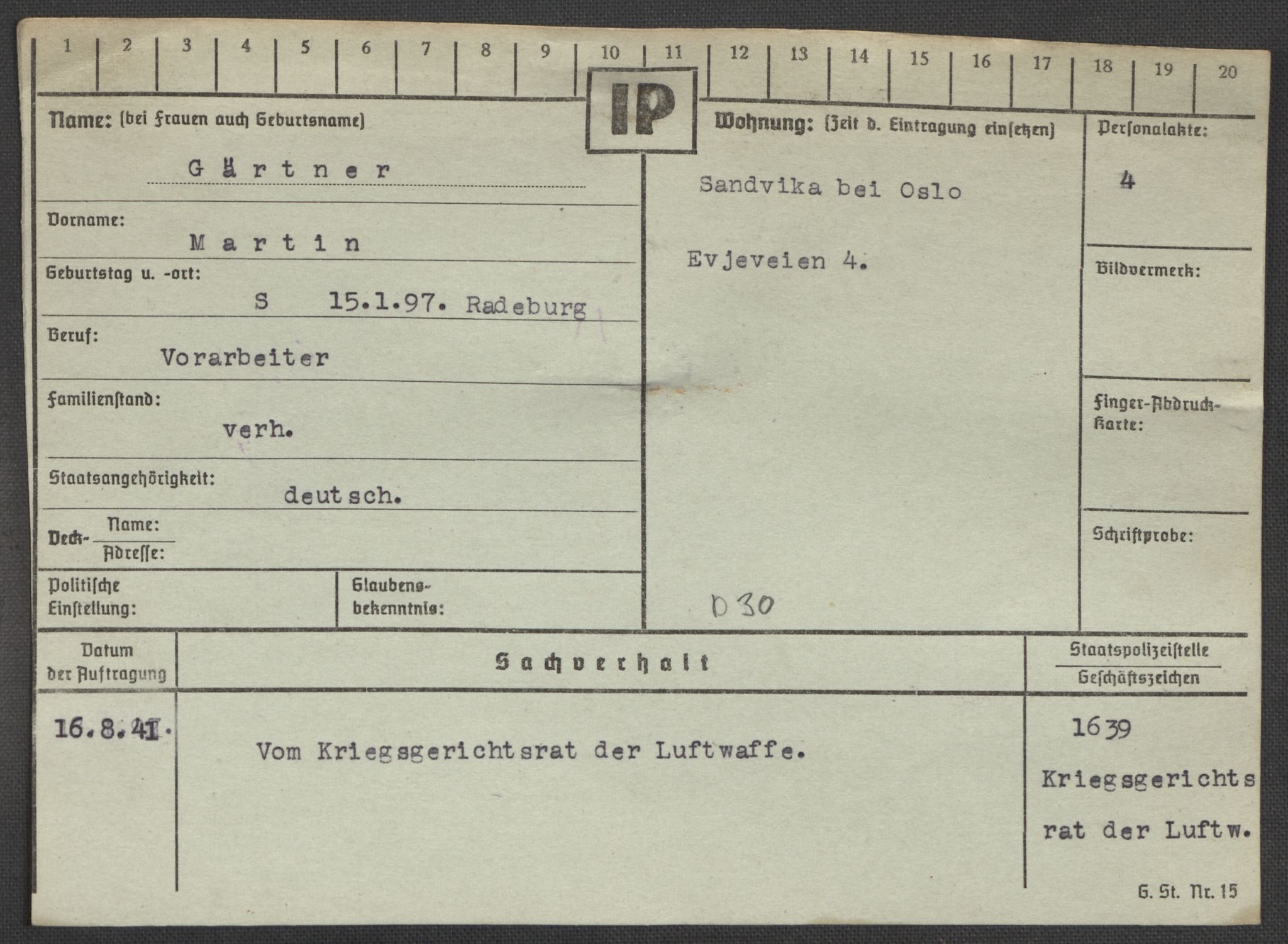 Befehlshaber der Sicherheitspolizei und des SD, RA/RAFA-5969/E/Ea/Eaa/L0003: Register over norske fanger i Møllergata 19: Eng-Hag, 1940-1945, p. 1348