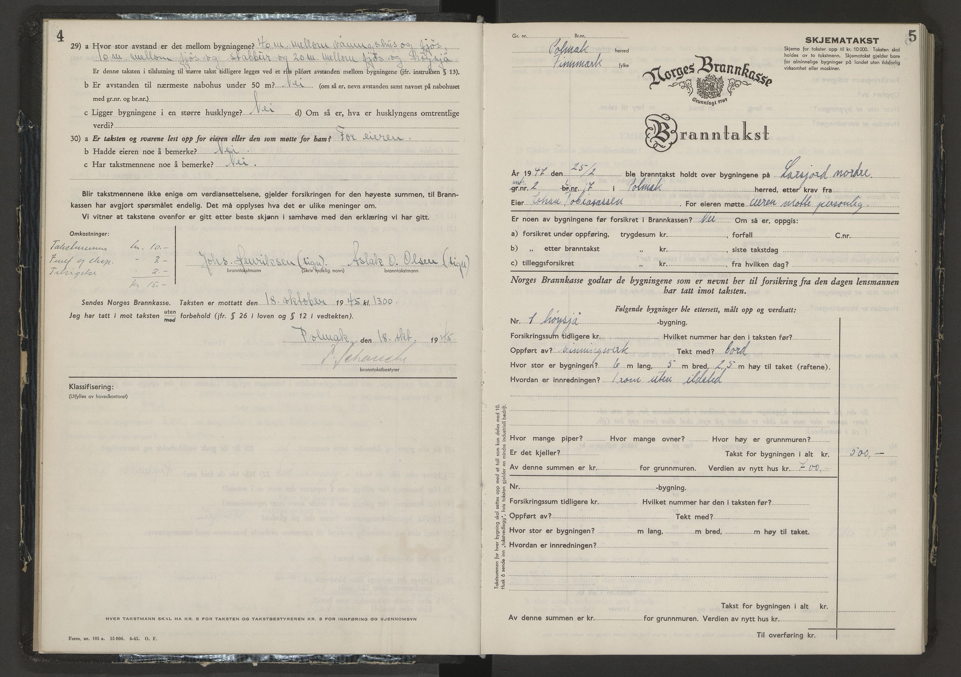 Lensmannen i Polmak, AV/SATØ-S-0874/O/Oa/L0022: Branntakstprotokoll, 1945-1955
