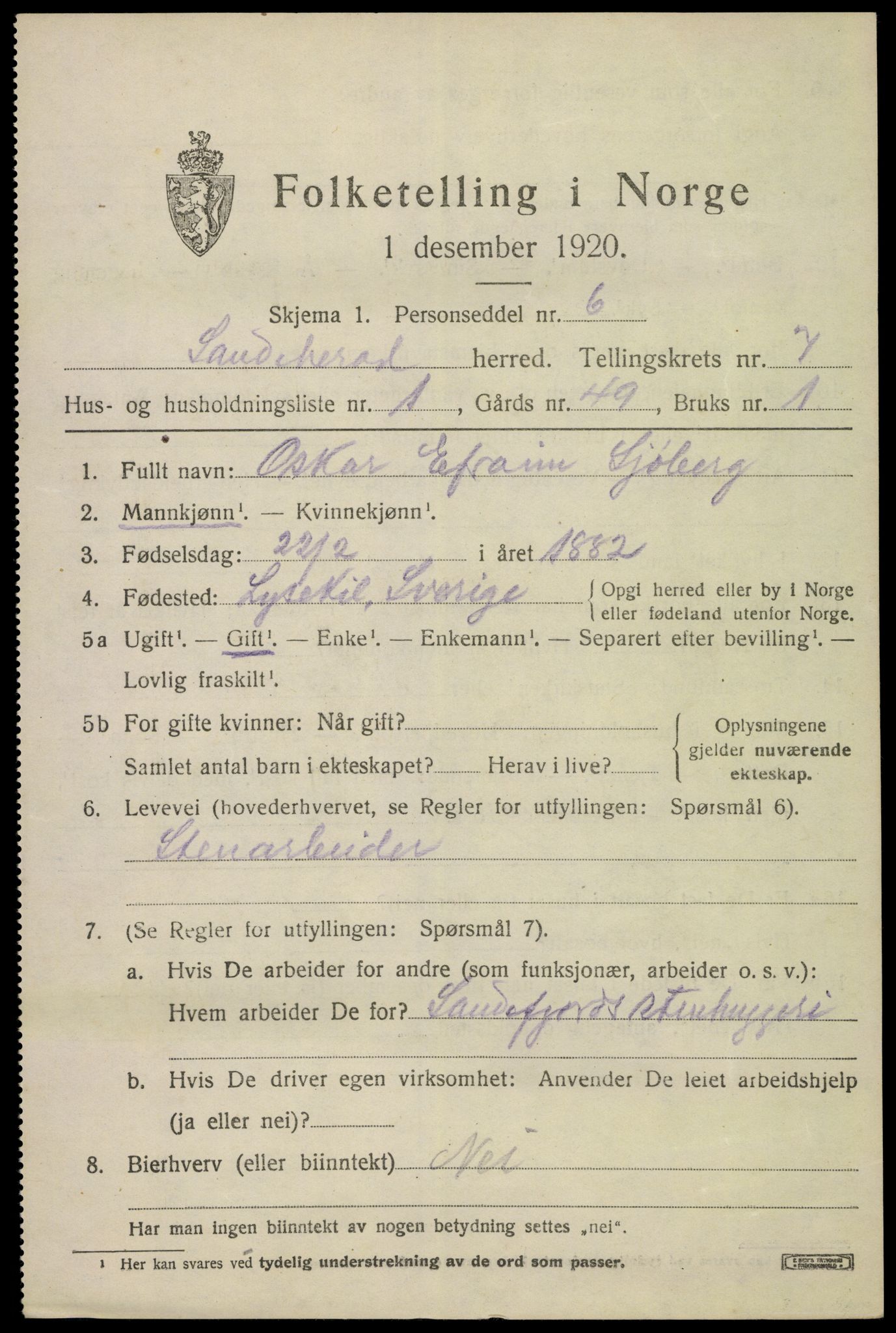 SAKO, 1920 census for Sandeherred, 1920, p. 11924