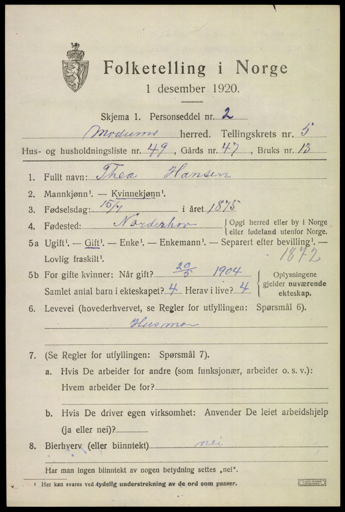 SAKO, 1920 census for Modum, 1920, p. 7075