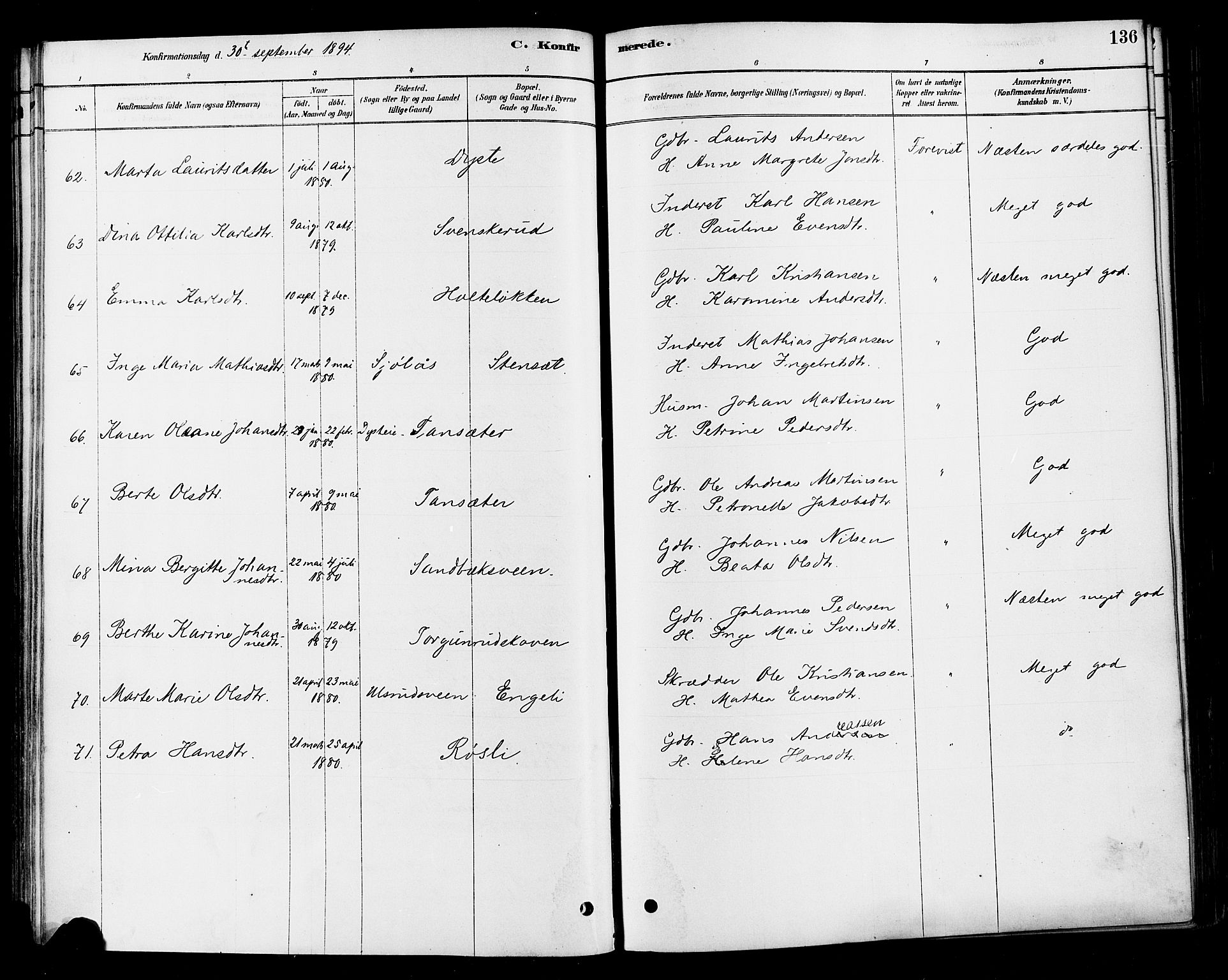 Vestre Toten prestekontor, SAH/PREST-108/H/Ha/Haa/L0010: Parish register (official) no. 10, 1878-1894, p. 136