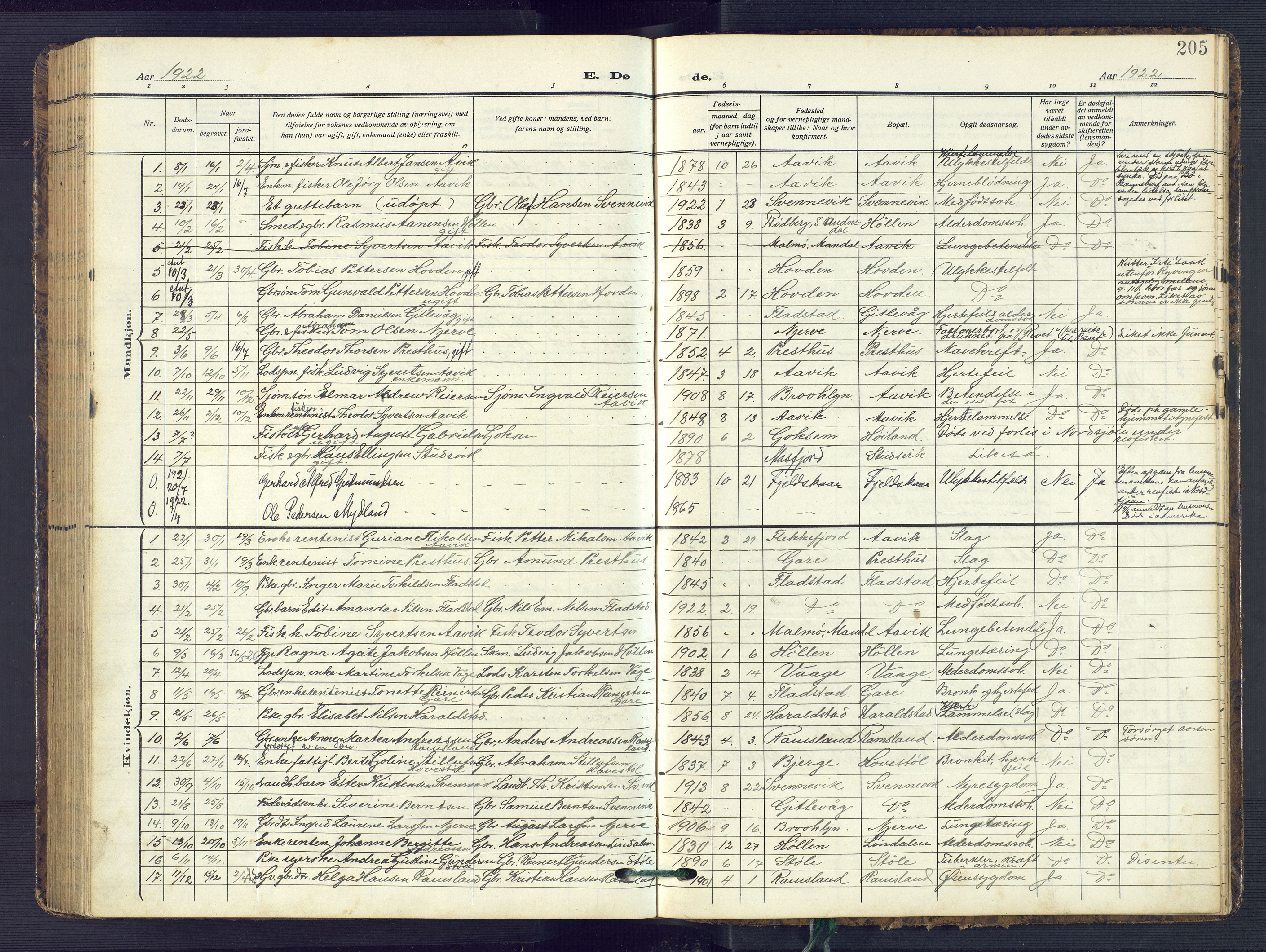 Sør-Audnedal sokneprestkontor, SAK/1111-0039/F/Fb/Fba/L0005: Parish register (copy) no. B 5, 1908-1963, p. 205