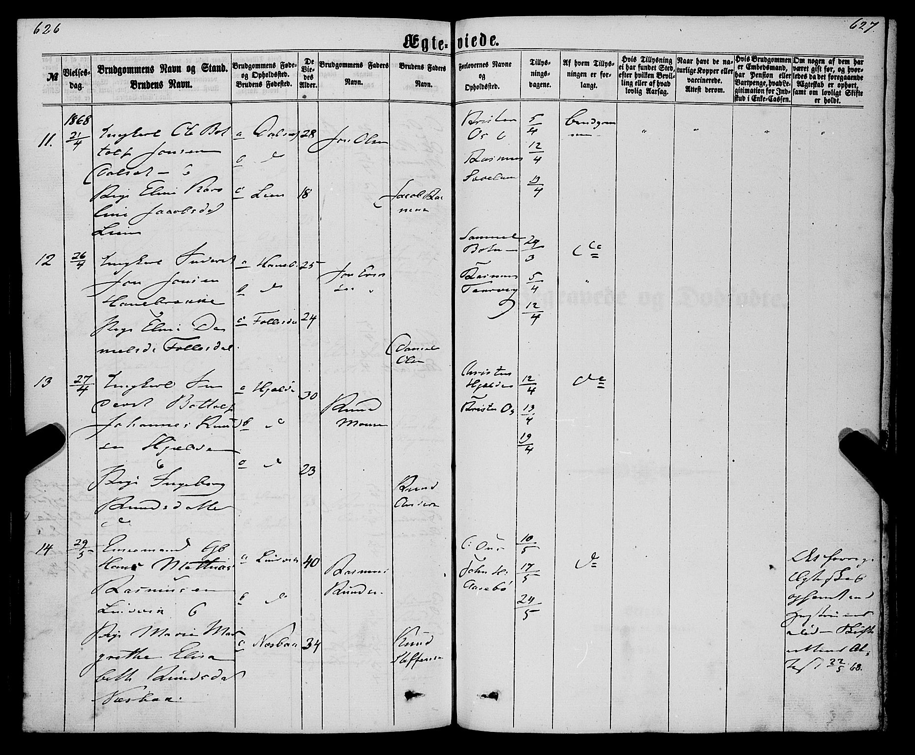 Eid sokneprestembete, AV/SAB-A-82301/H/Haa/Haaa/L0009: Parish register (official) no. A 9, 1861-1868, p. 626-627