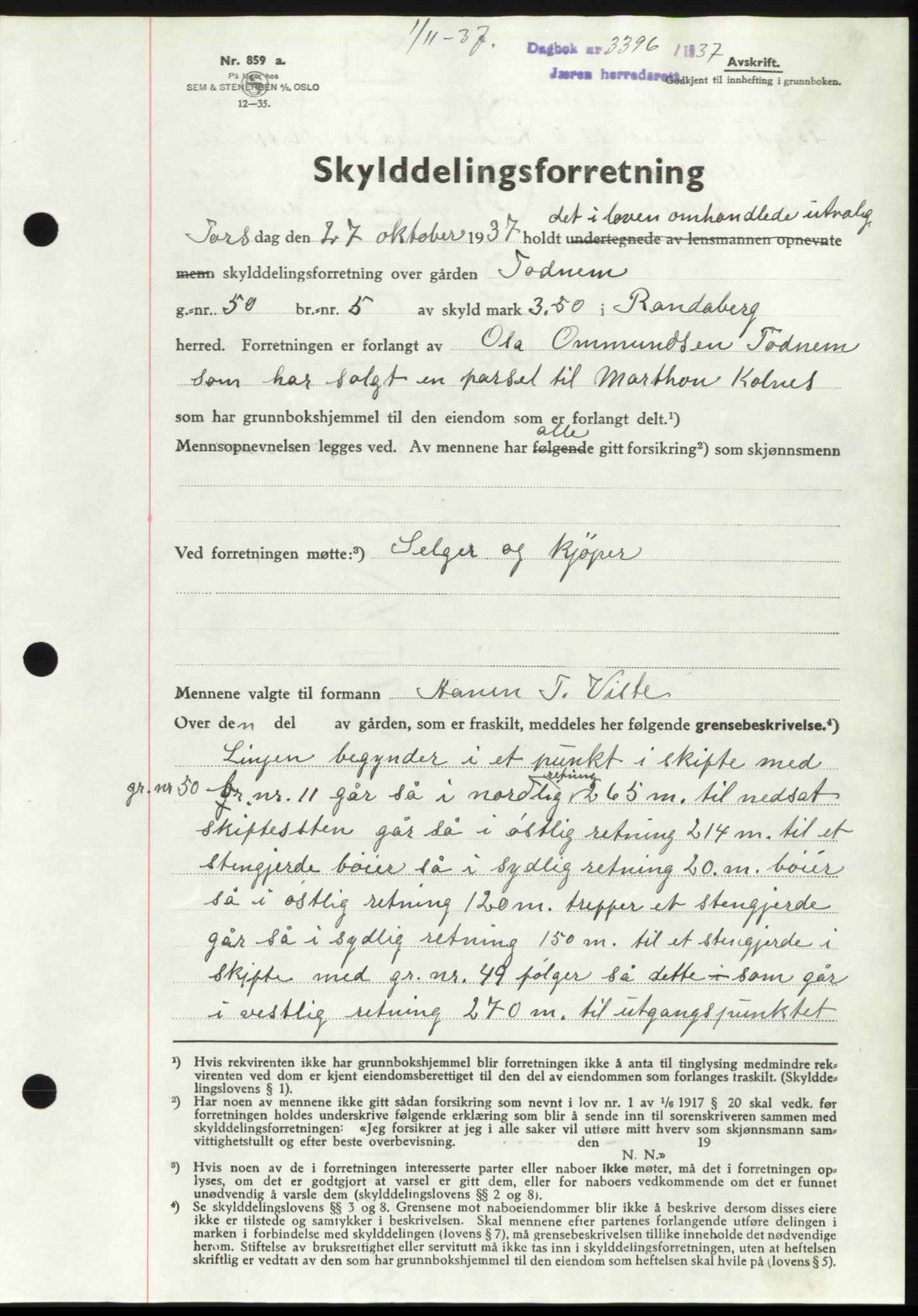 Jæren sorenskriveri, SAST/A-100310/03/G/Gba/L0069: Mortgage book, 1937-1937, Diary no: : 3396/1937
