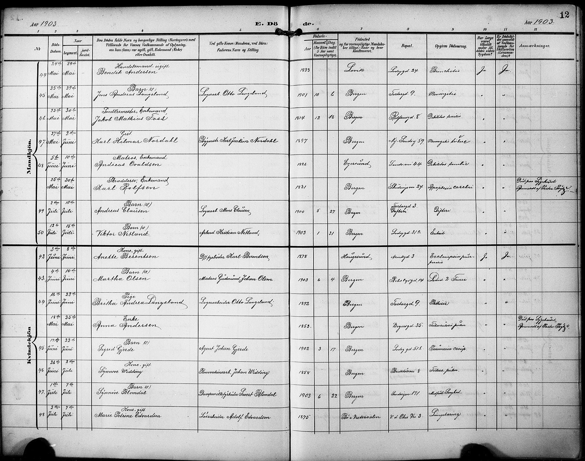 Sandviken Sokneprestembete, AV/SAB-A-77601/H/Hb/L0017: Parish register (copy) no. E 1, 1903-1926, p. 12