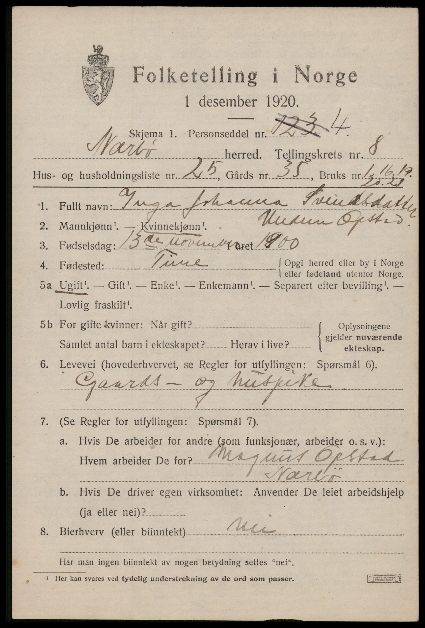 SAST, 1920 census for Nærbø, 1920, p. 5367