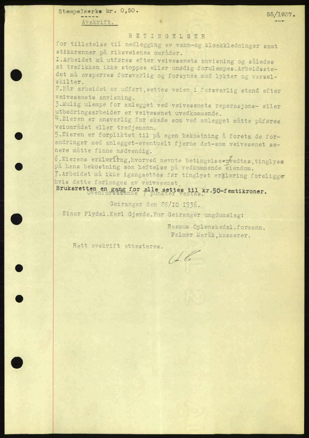 Nordre Sunnmøre sorenskriveri, AV/SAT-A-0006/1/2/2C/2Ca: Mortgage book no. A2, 1936-1937, Diary no: : 55/1937