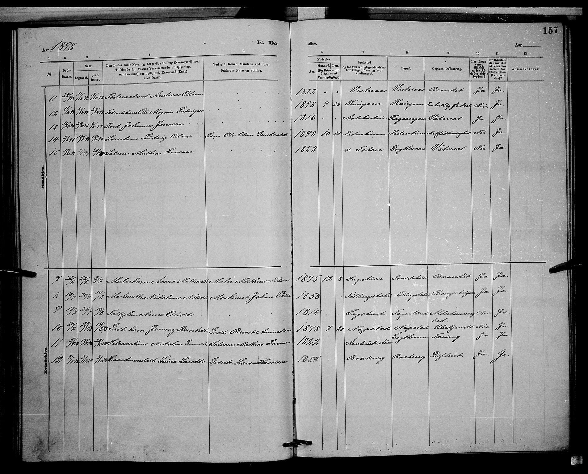 Vardal prestekontor, SAH/PREST-100/H/Ha/Hab/L0008: Parish register (copy) no. 8, 1881-1898, p. 157