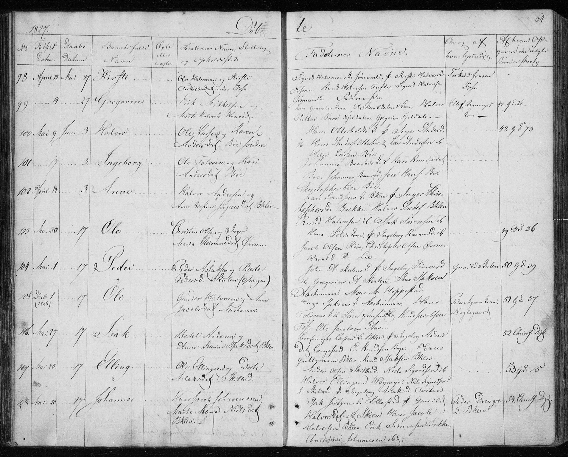 Gjerpen kirkebøker, AV/SAKO-A-265/F/Fa/L0005: Parish register (official) no. I 5, 1823-1829, p. 64