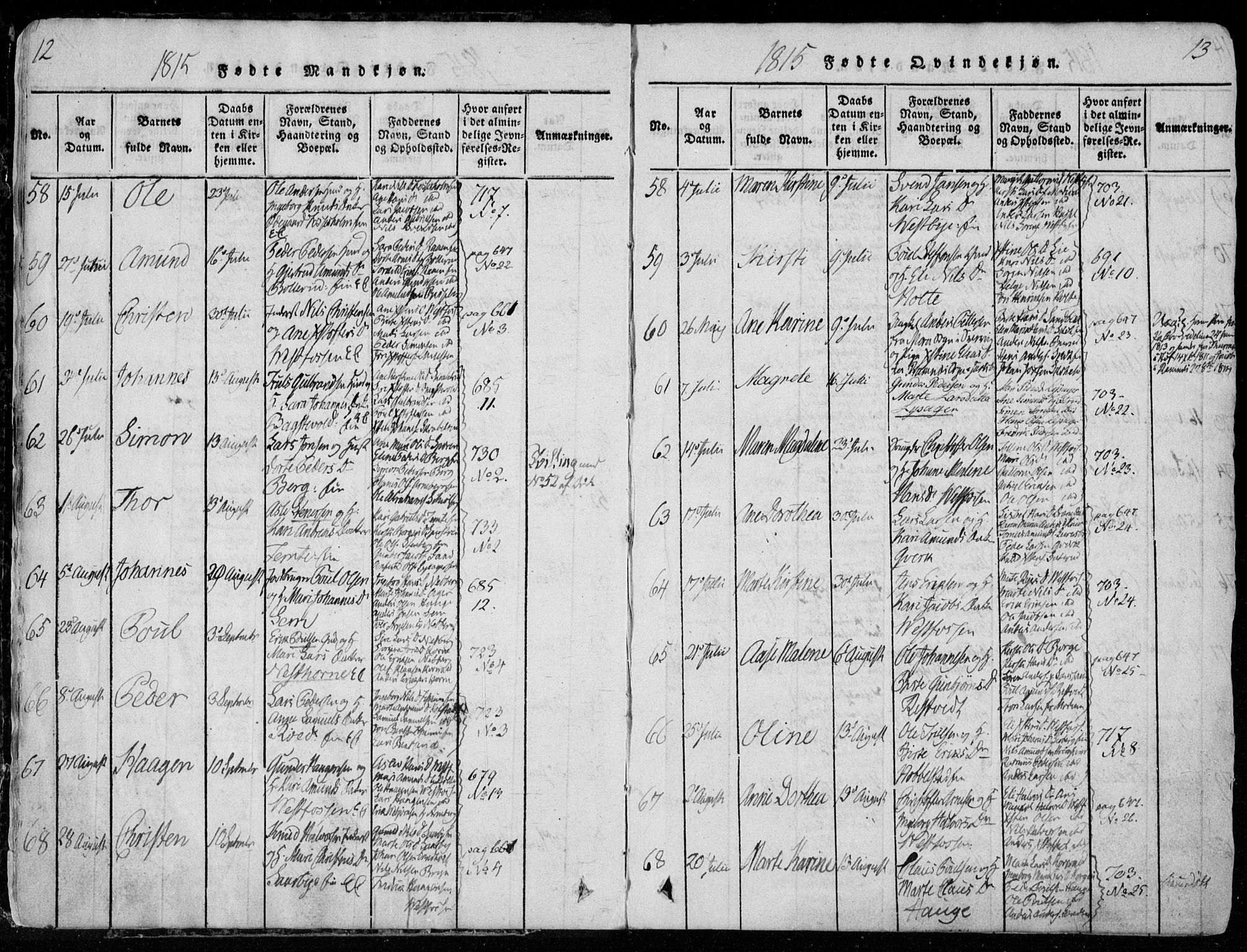 Eiker kirkebøker, AV/SAKO-A-4/F/Fa/L0011: Parish register (official) no. I 11, 1814-1827, p. 12-13